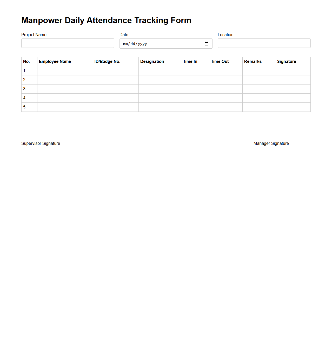 Manpower Daily Attendance Tracking Form