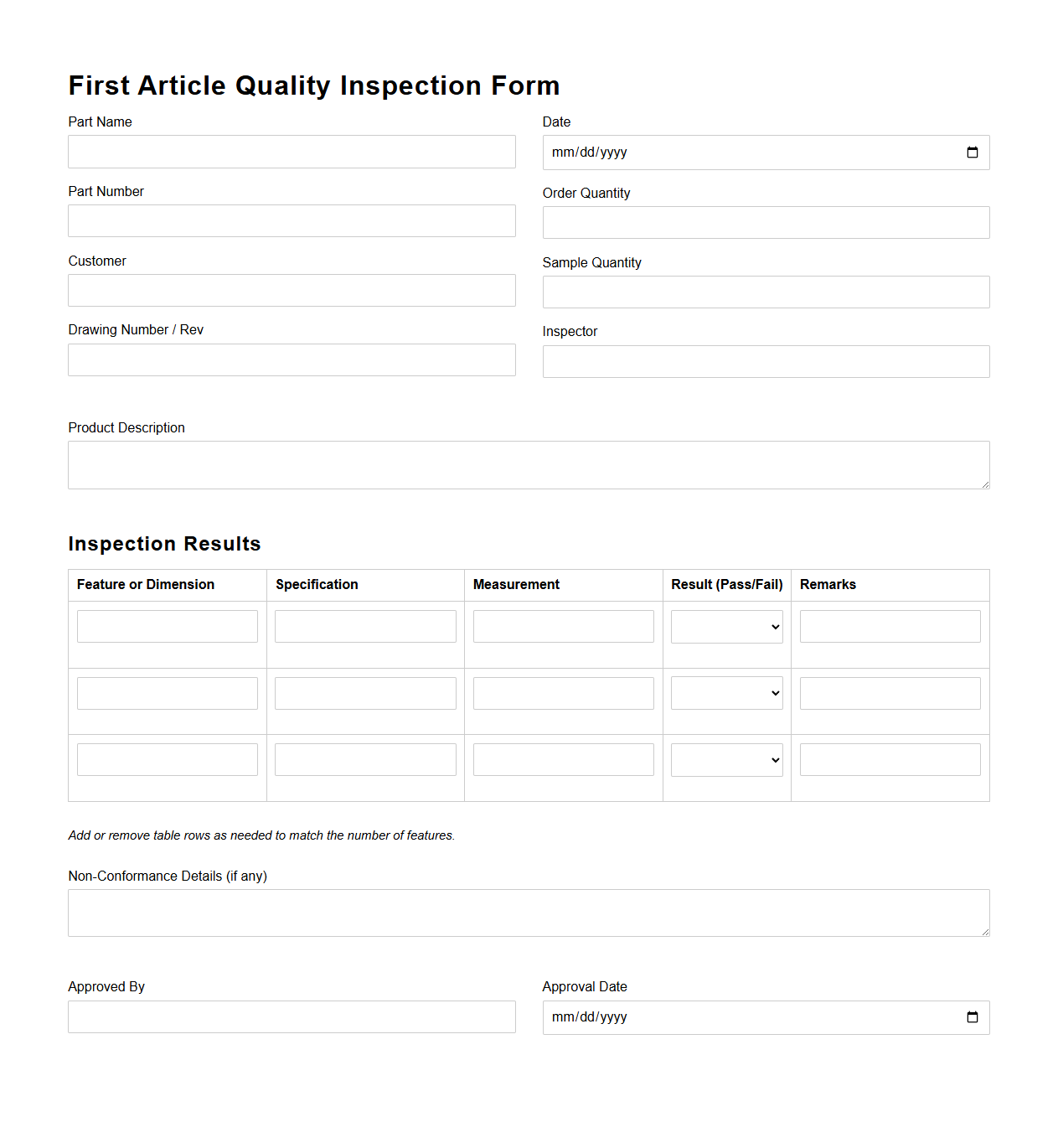 Manufacturing First Article Quality Inspection Form Example