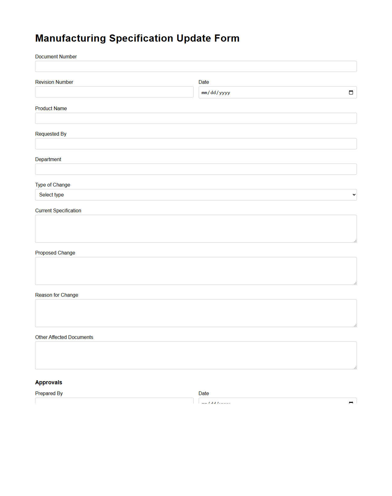 Manufacturing Specification Update Form