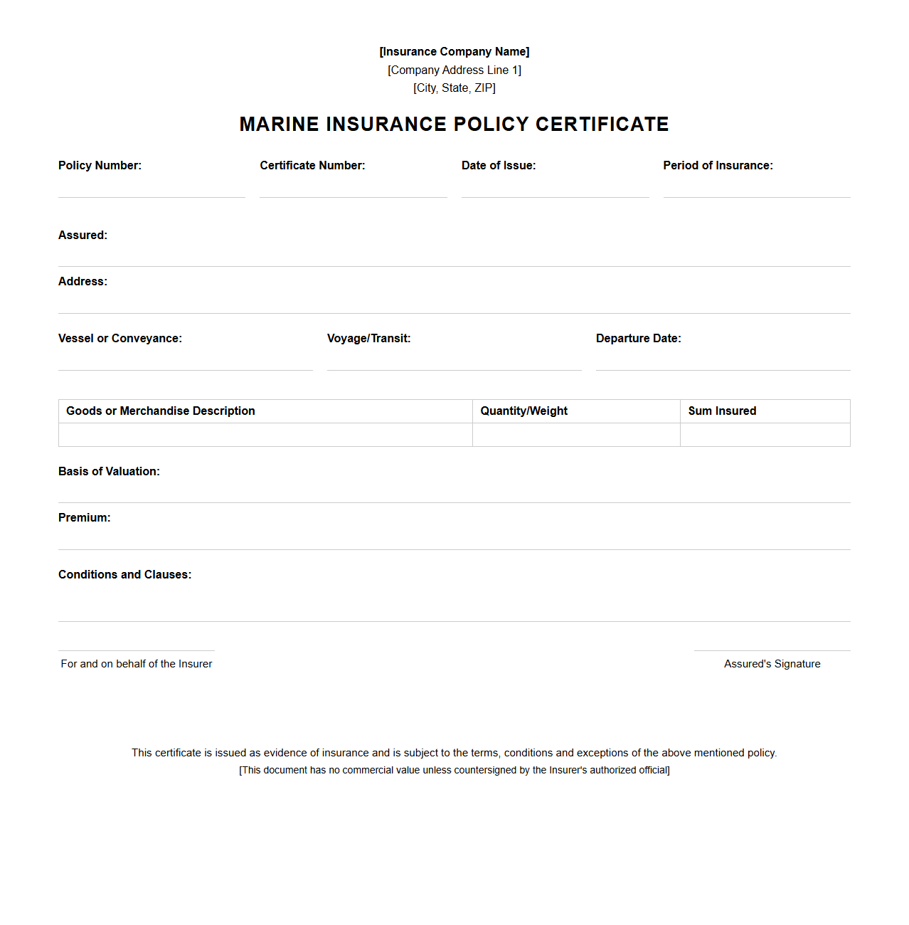 Marine Insurance Policy Certificate Format