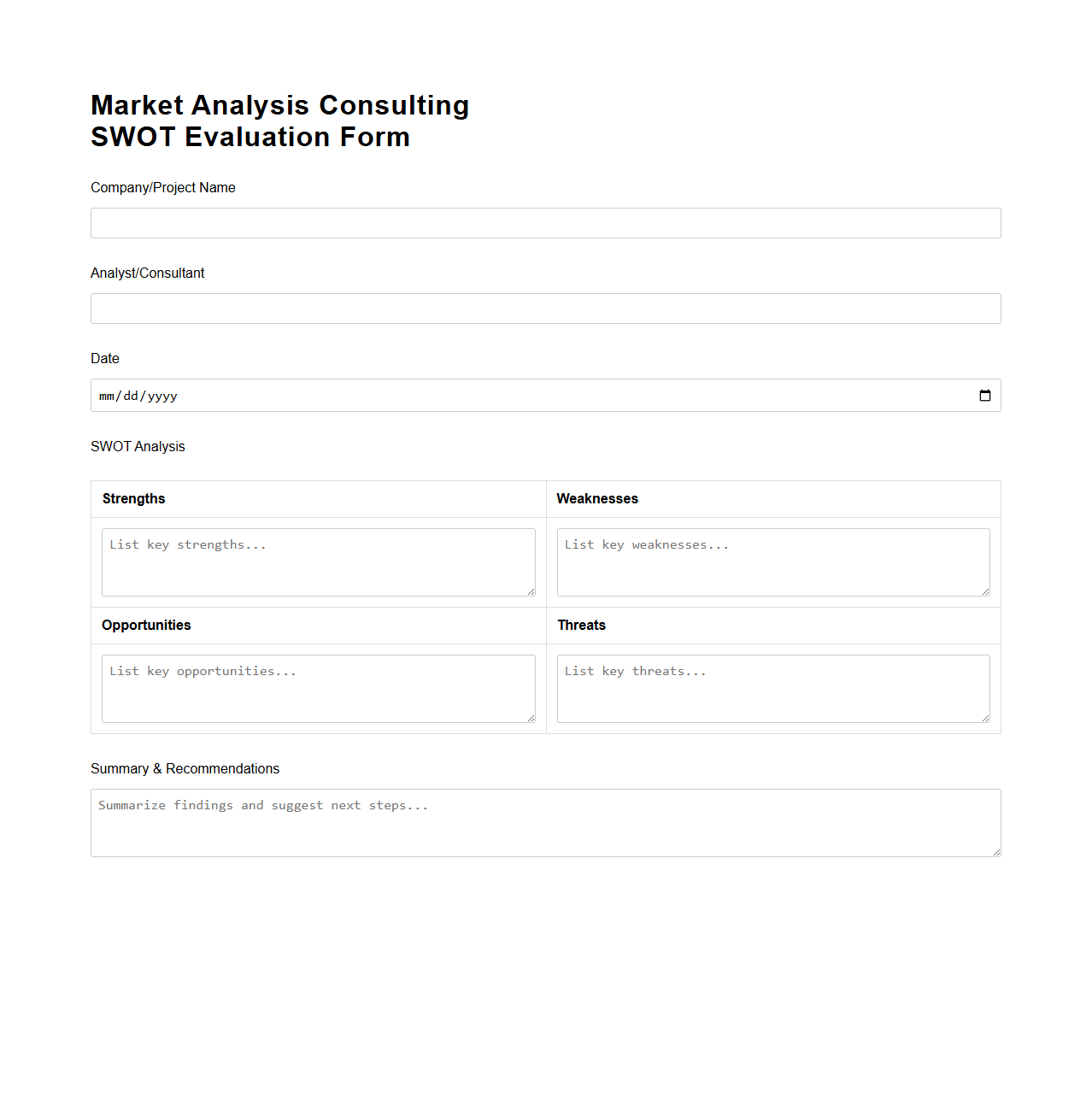 Market Analysis Consulting SWOT Evaluation Form
