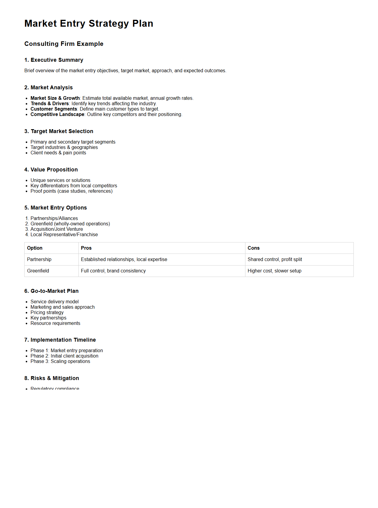 Market Entry Strategy Plan Example for Consulting Firms
