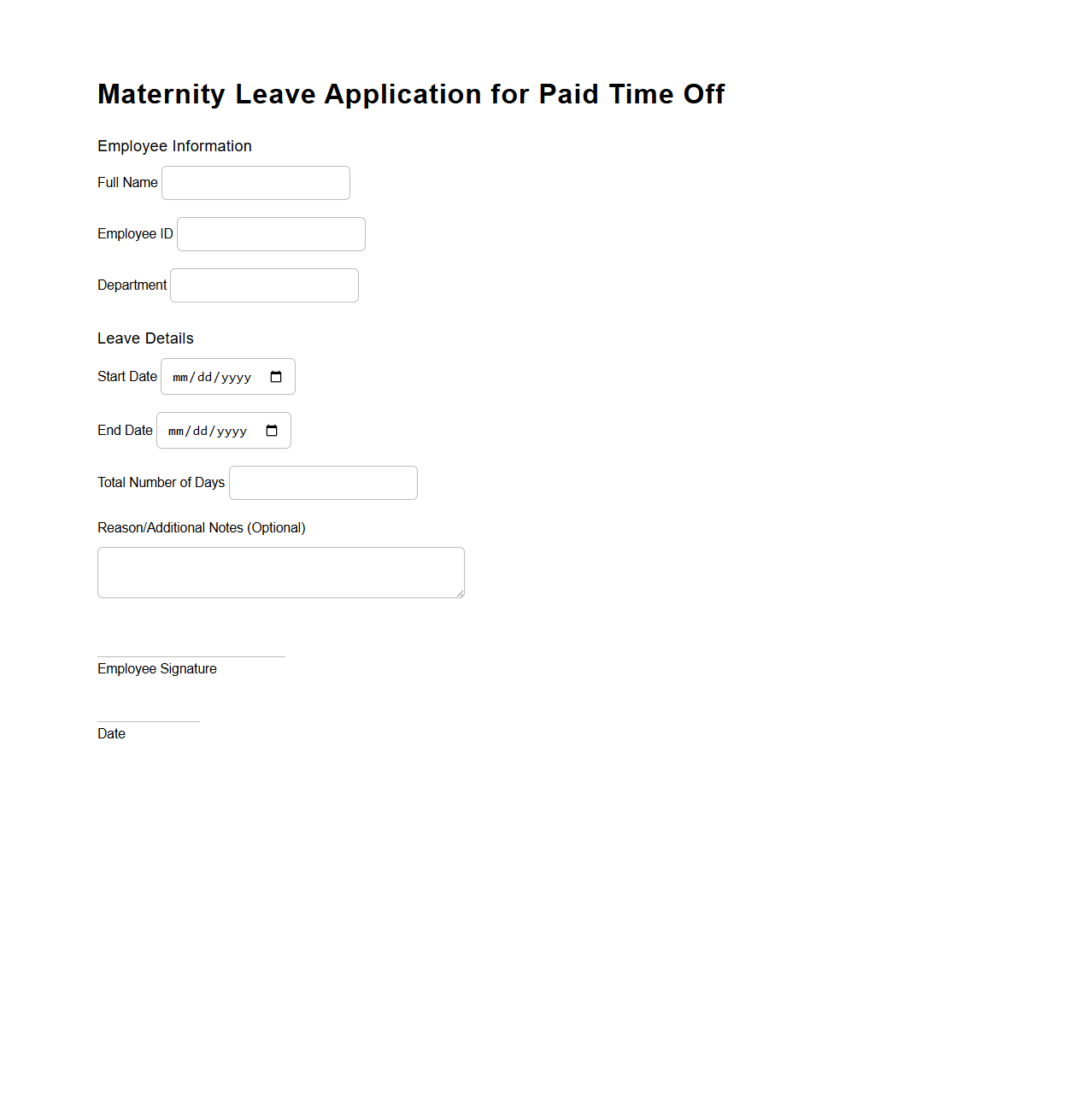 Maternity Leave Application for Paid Time Off