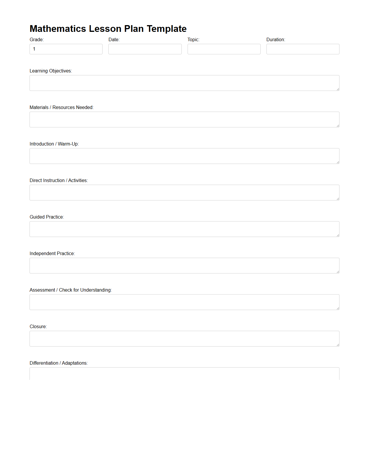 Mathematics Lesson Plan Template for Grade 1