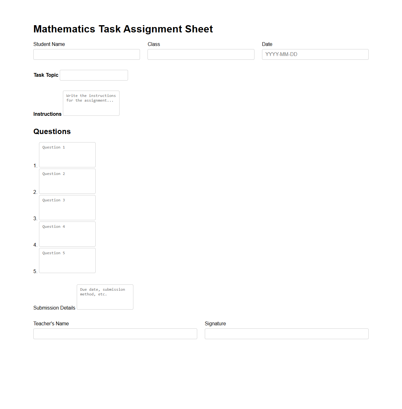 Mathematics Task Assignment Sheet for Students
