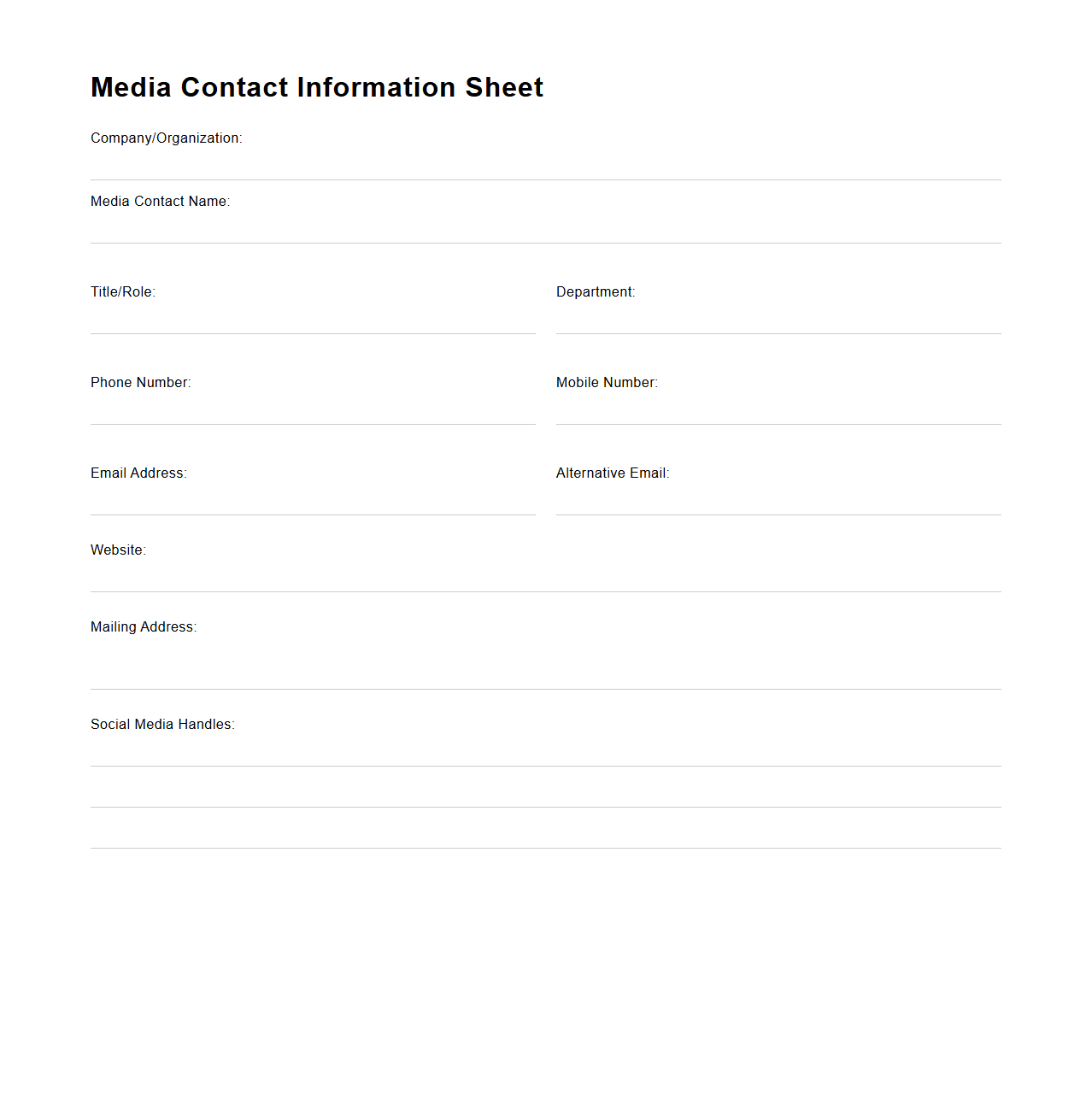 Media Contact Information Sheet for PR Kits
