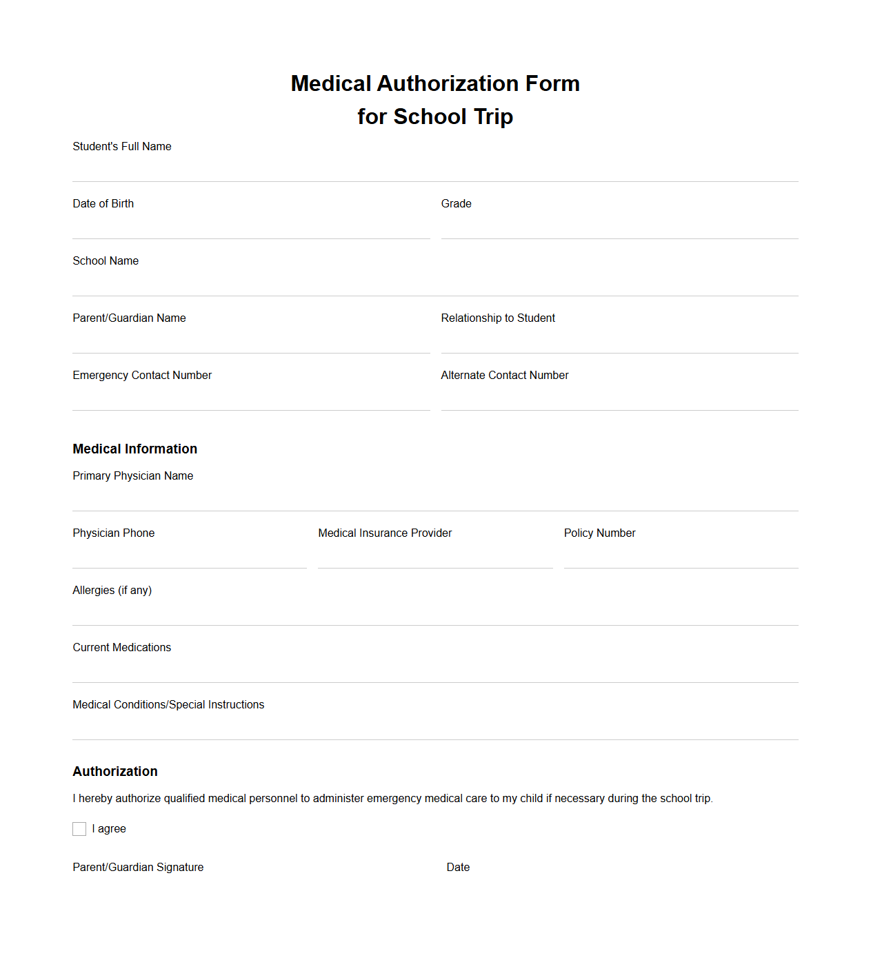 Medical Authorization Form for School Trip