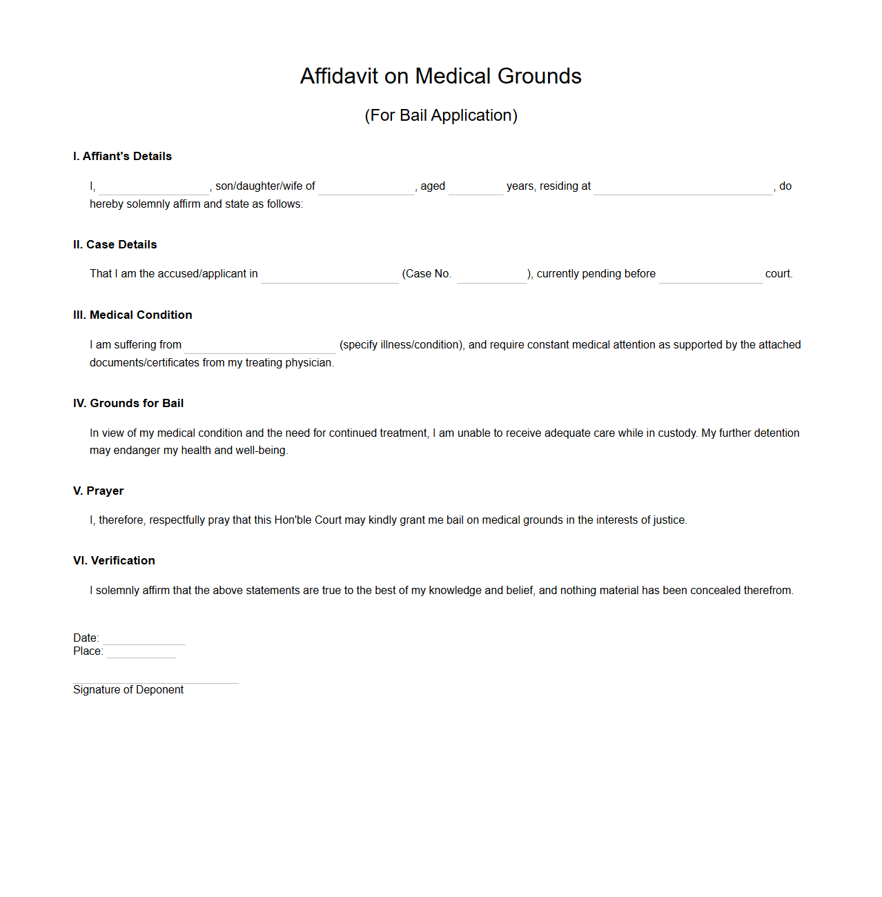Medical Grounds Affidavit Template for Bail