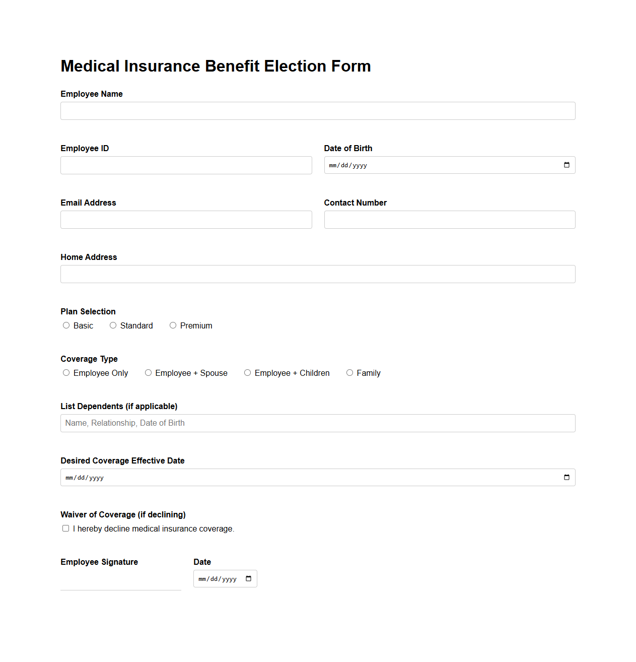 Medical Insurance Benefit Election Form Example