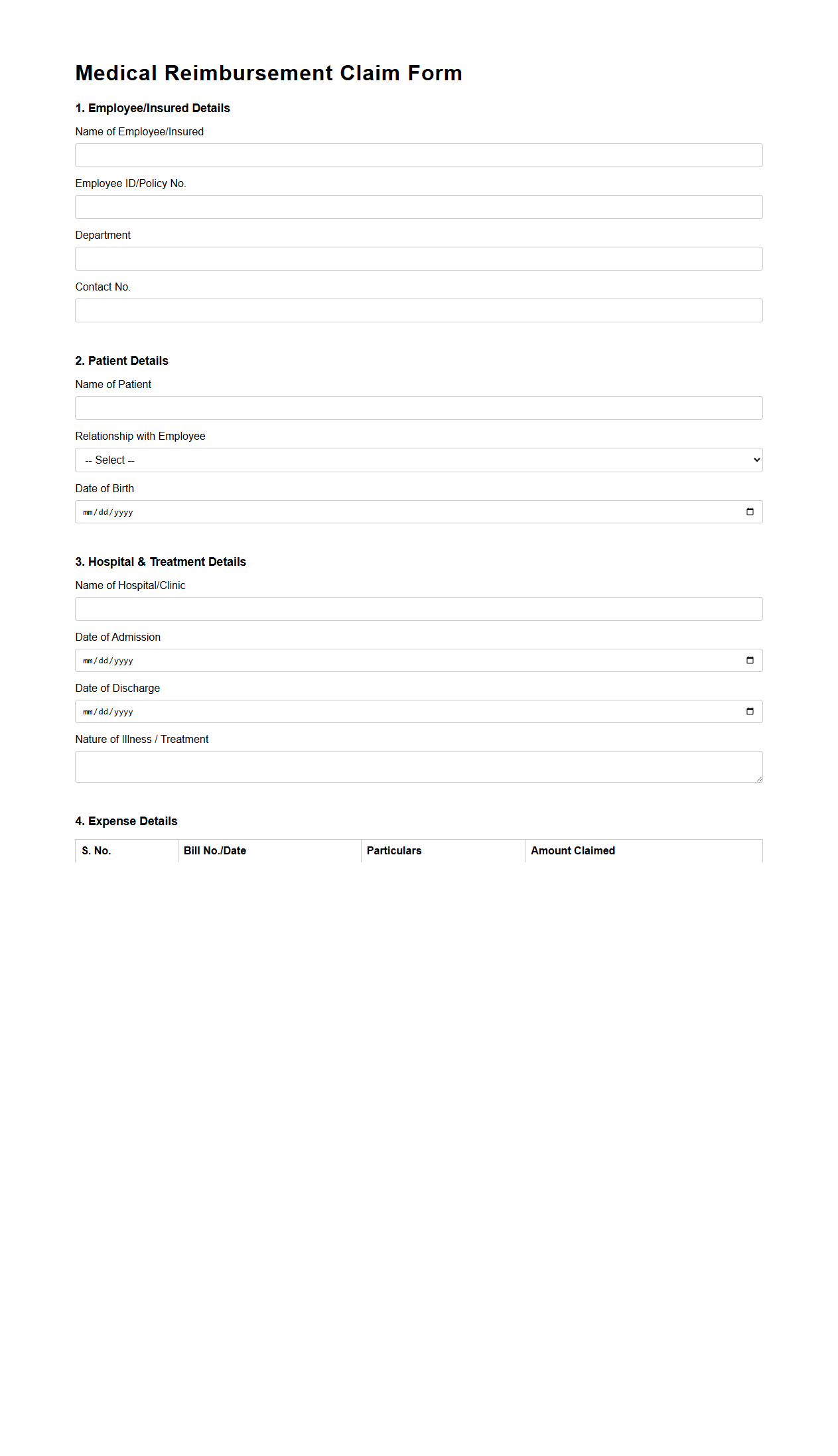 Medical Reimbursement Claim Form Sample