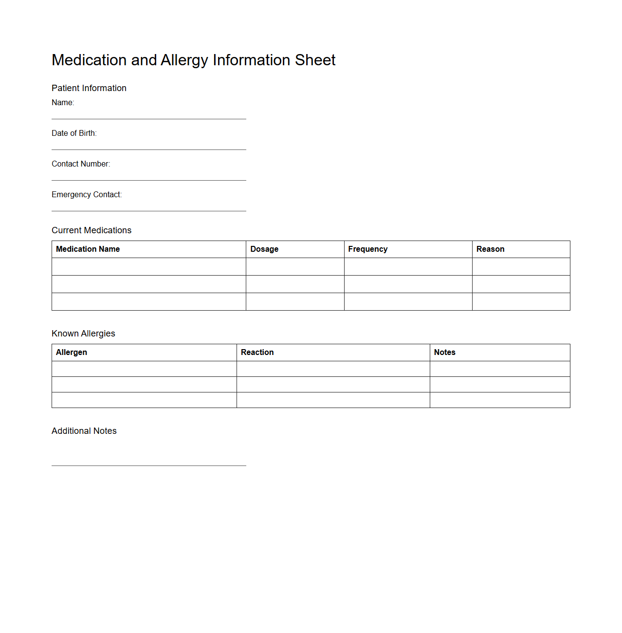 Medication and Allergy Information Sheet