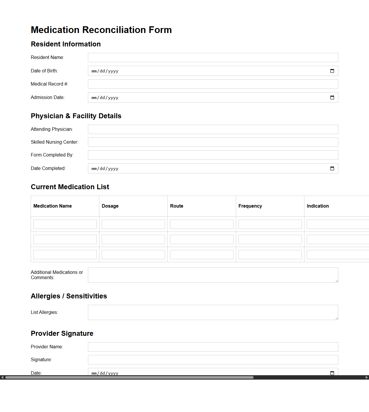 Medication Reconciliation Form for Skilled Nursing Centers