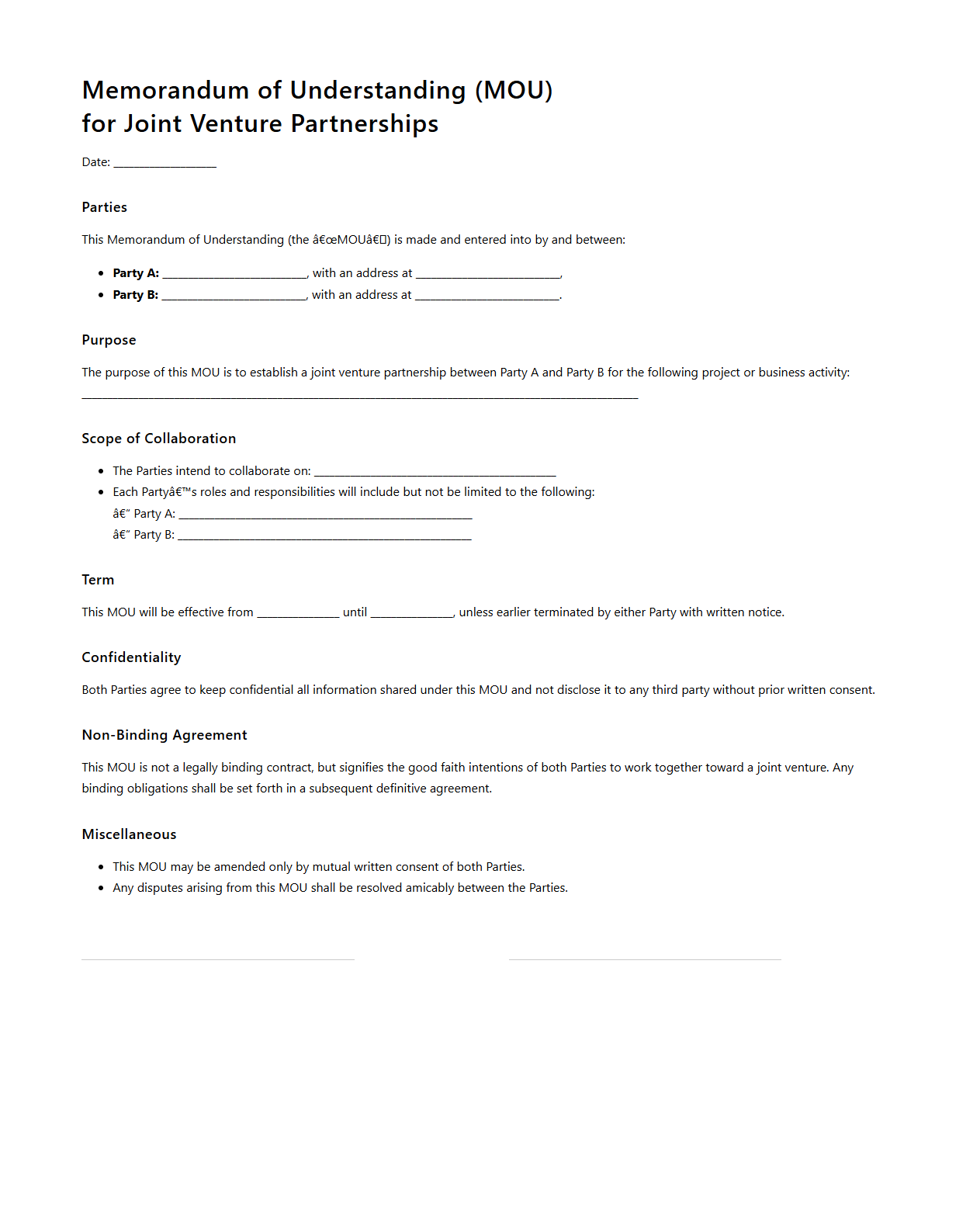 Memorandum of Understanding for Joint Venture Partnerships