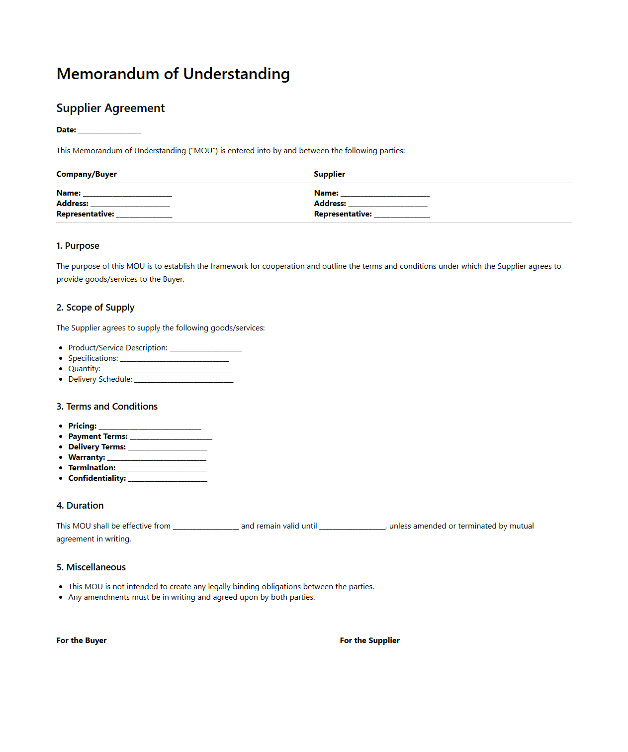 Memorandum of Understanding for Supplier Agreements