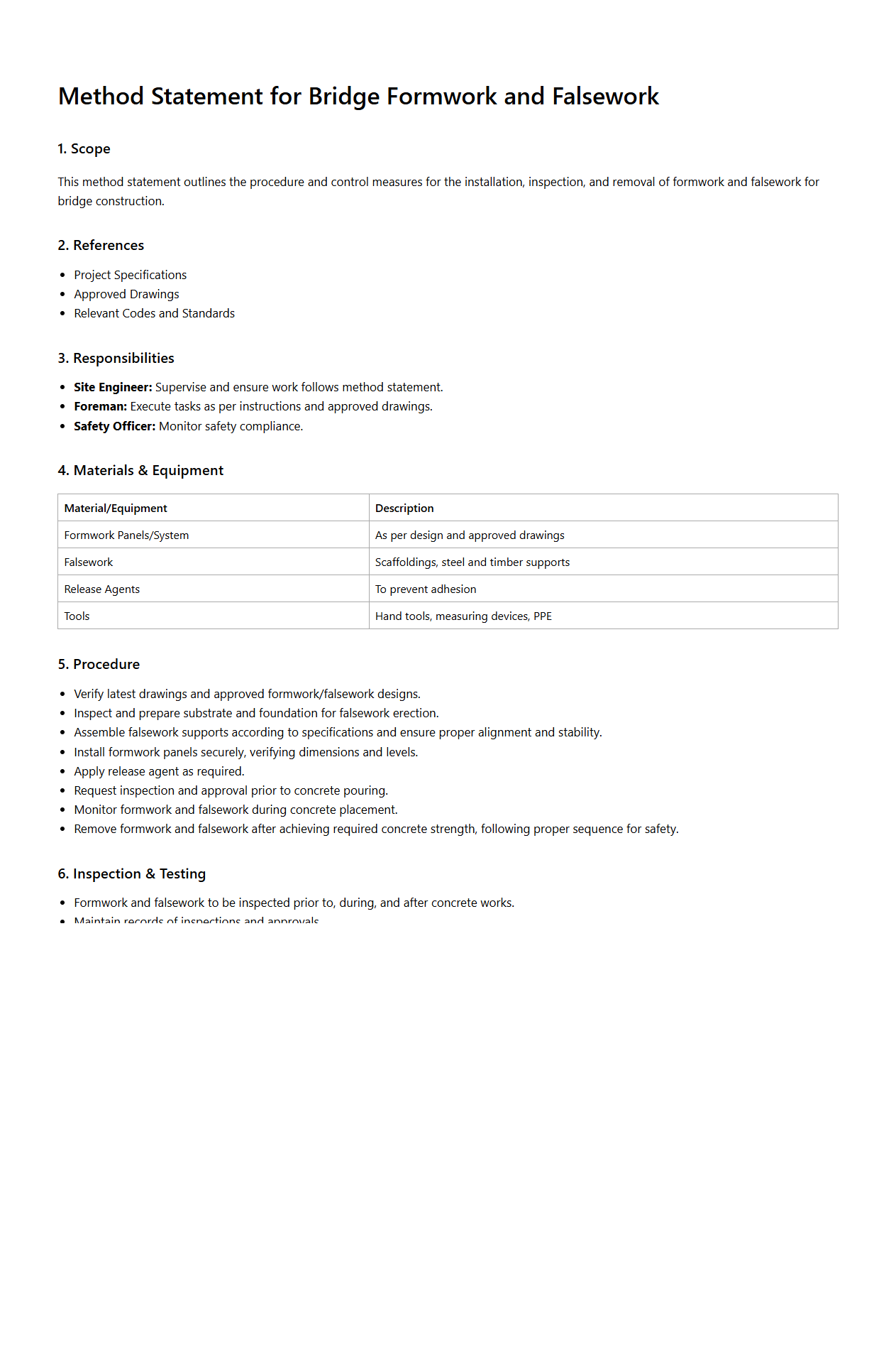 Method Statement for Bridge Formwork and Falsework