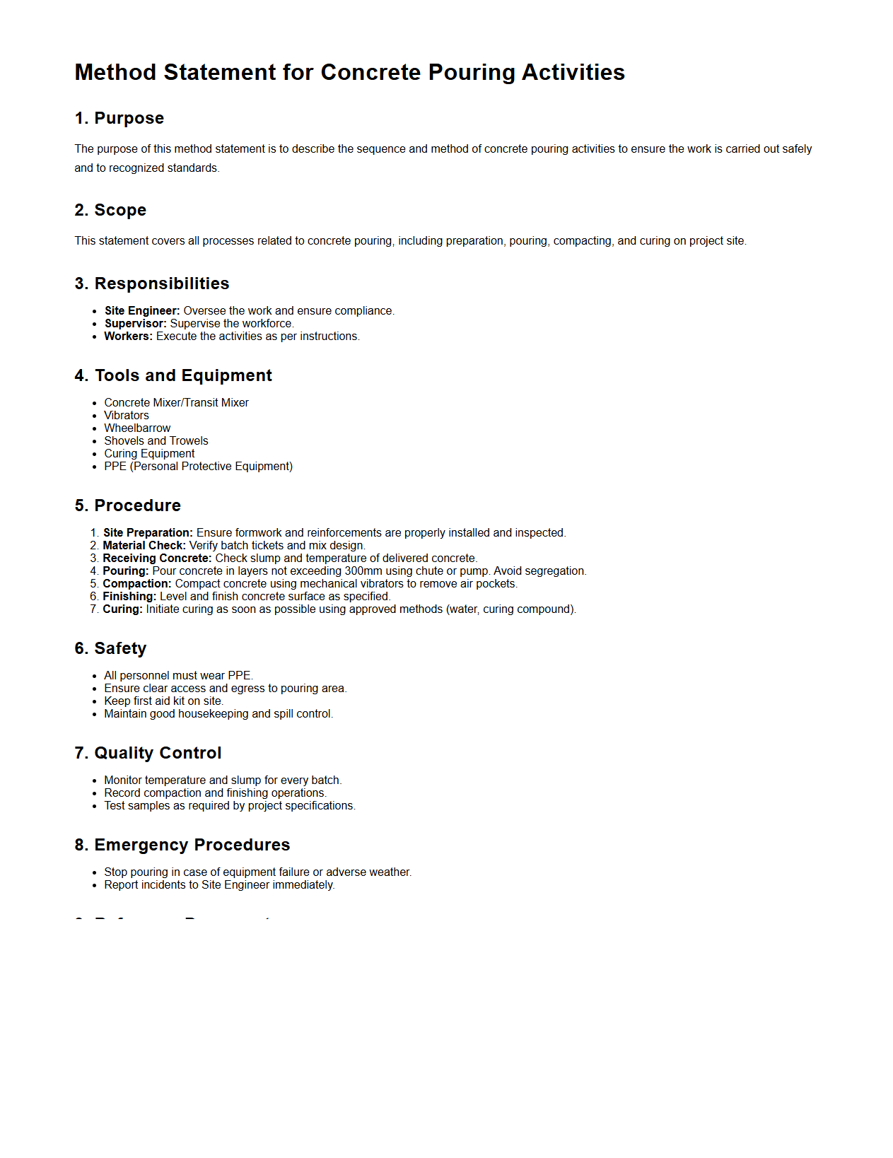Method Statement for Concrete Pouring Activities