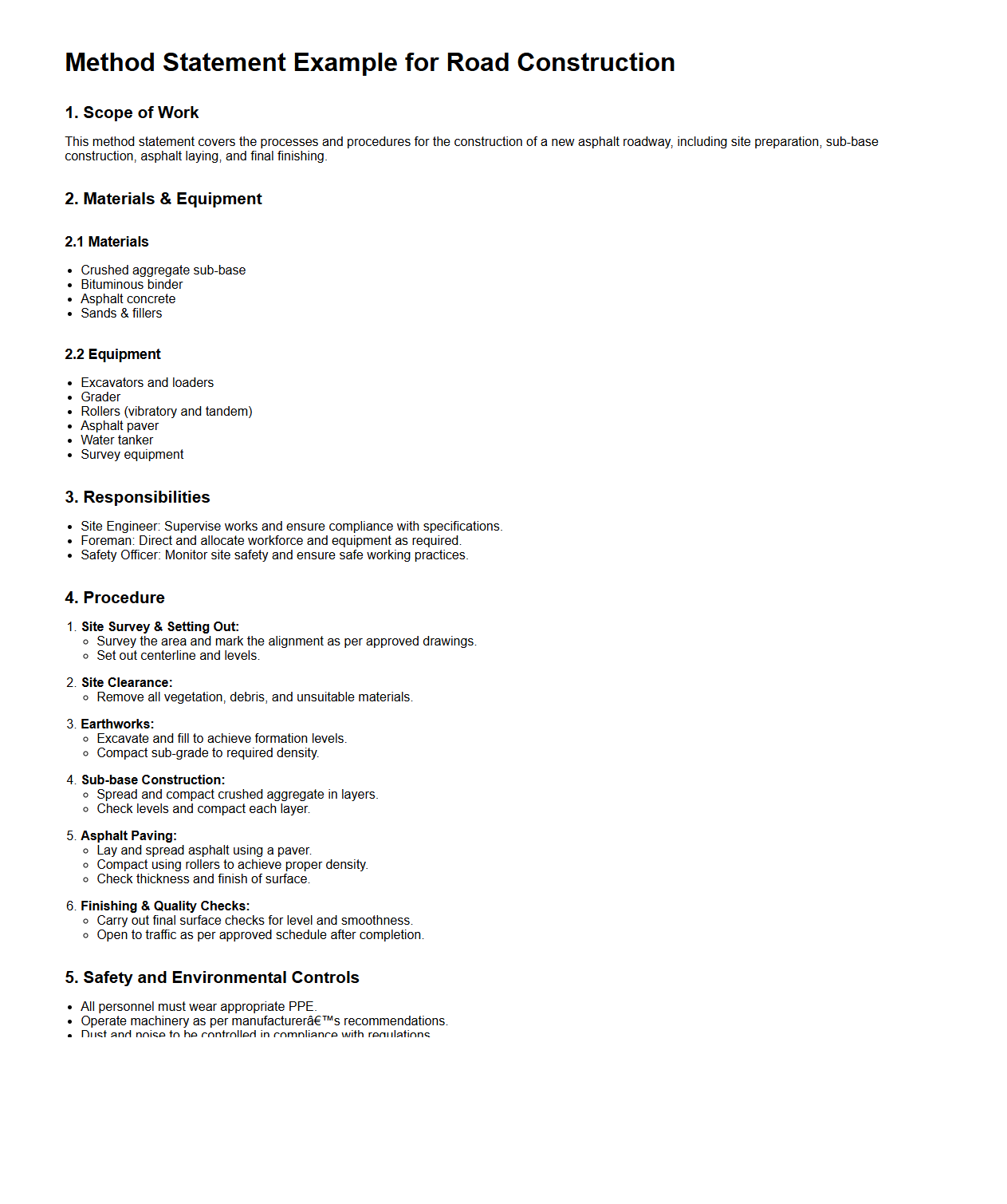 Method Statement Example for Road Construction