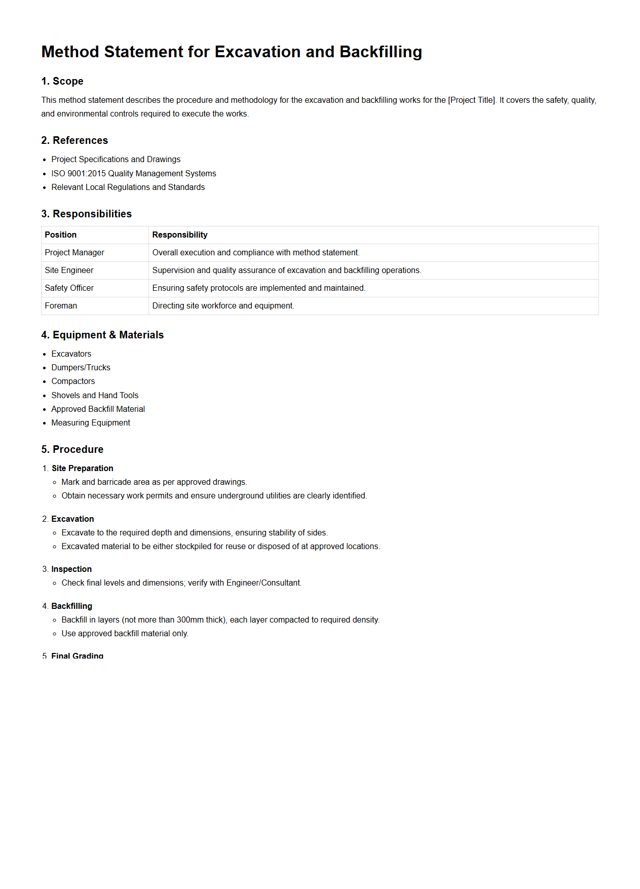Method Statement for Excavation and Backfilling