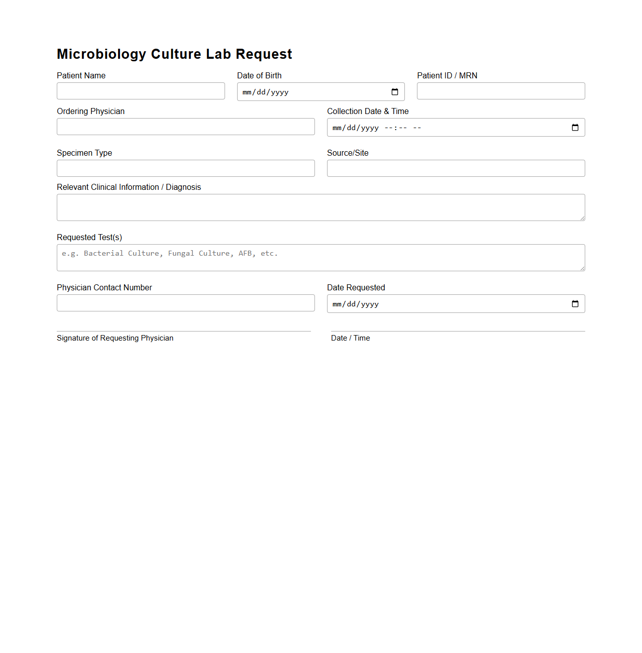 Microbiology Culture Lab Request Document Sample