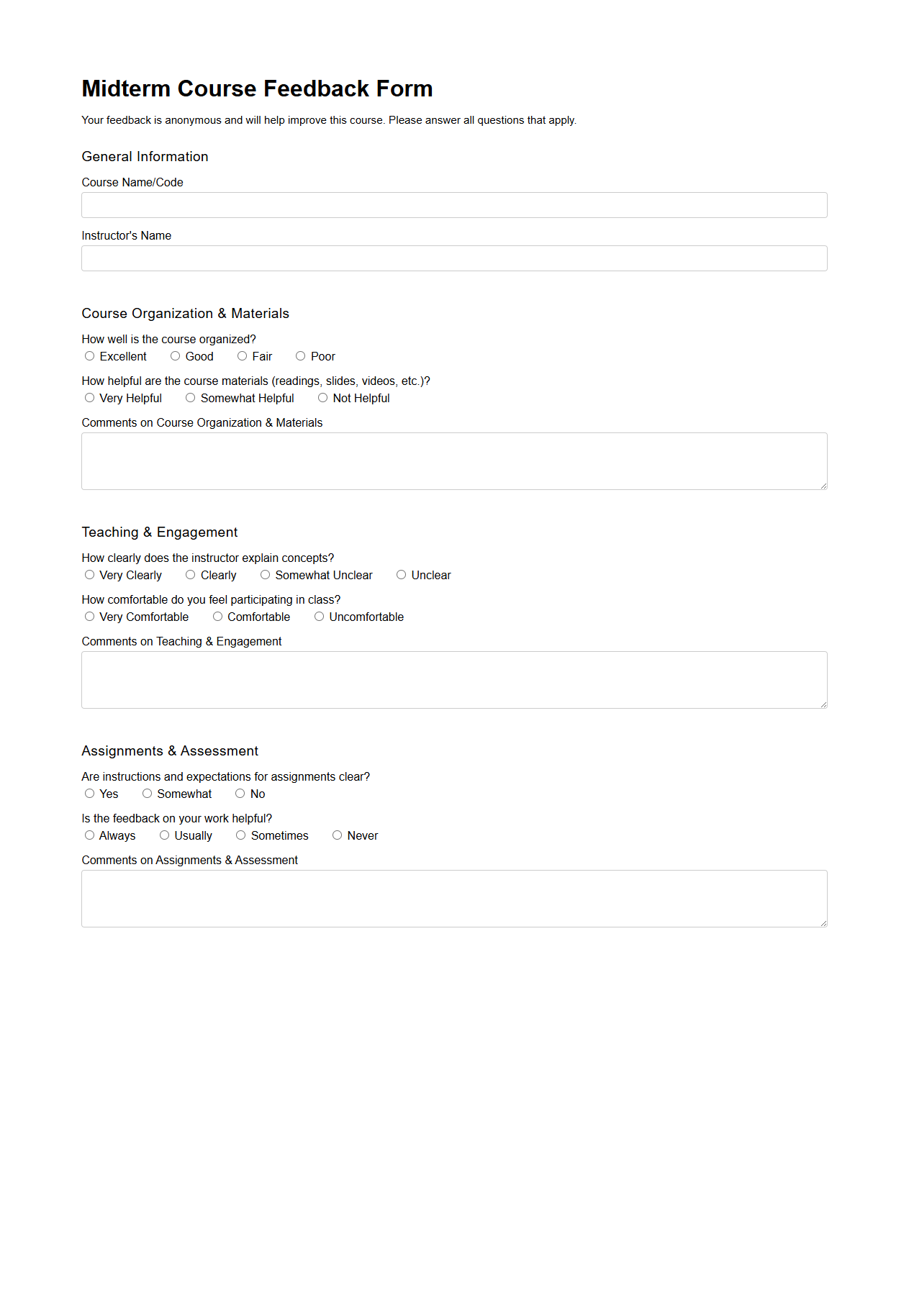 Midterm Course Feedback Form for Higher Education Faculty