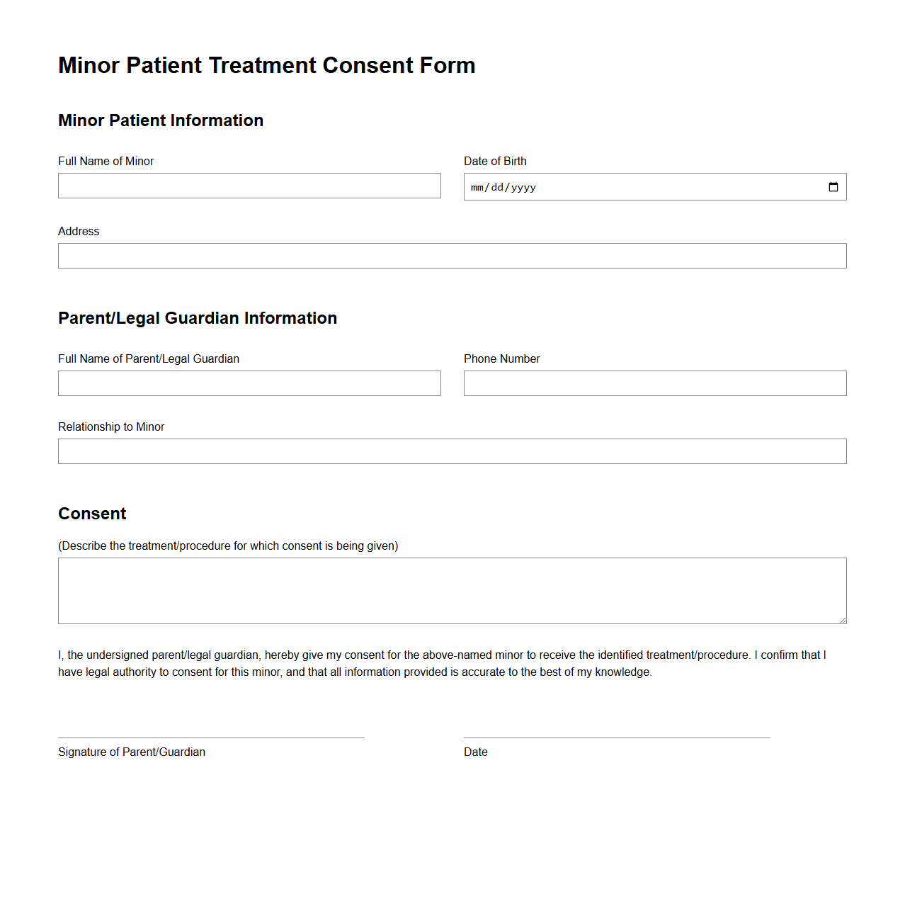 Minor Patient Treatment Consent Form Example