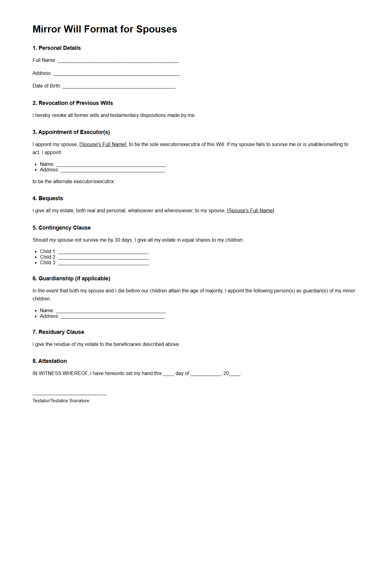 Mirror Will Format for Spouses