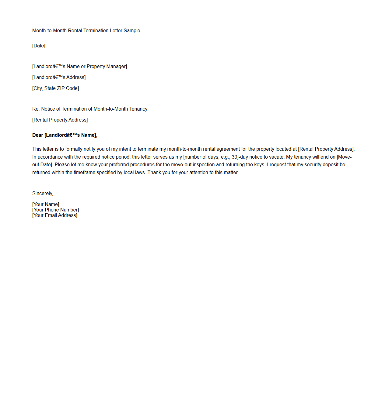 Month-to-Month Rental Termination Letter Sample