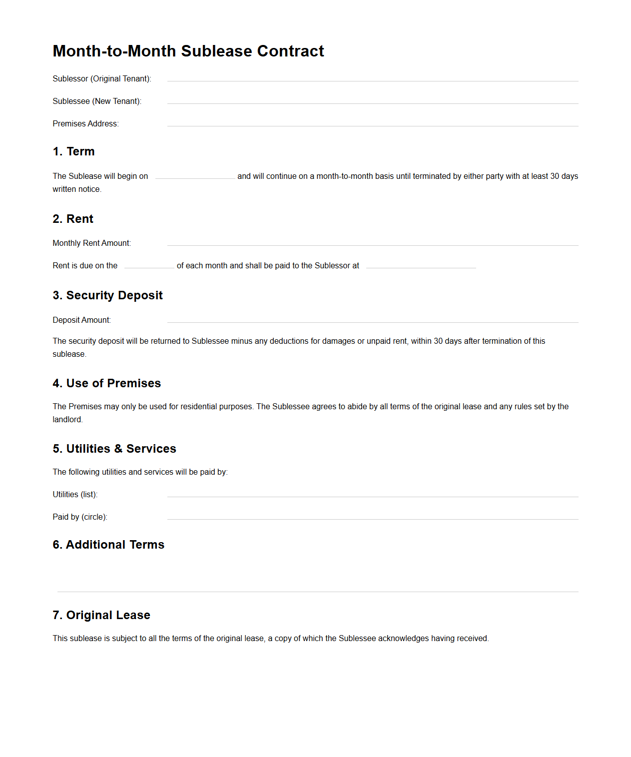 Month-to-Month Sublease Contract