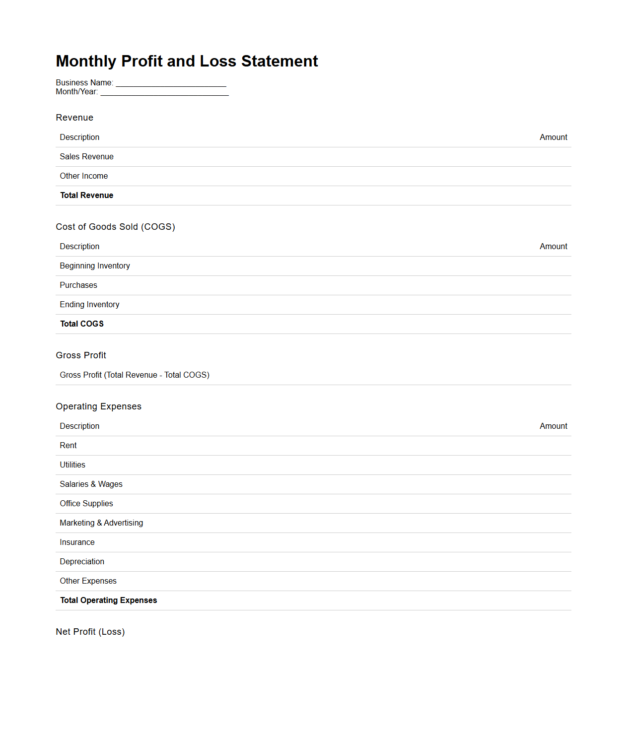 Monthly Profit and Loss Statement Template for Small Business