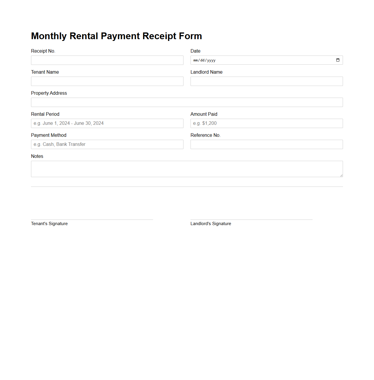 Monthly Rental Payment Receipt Form