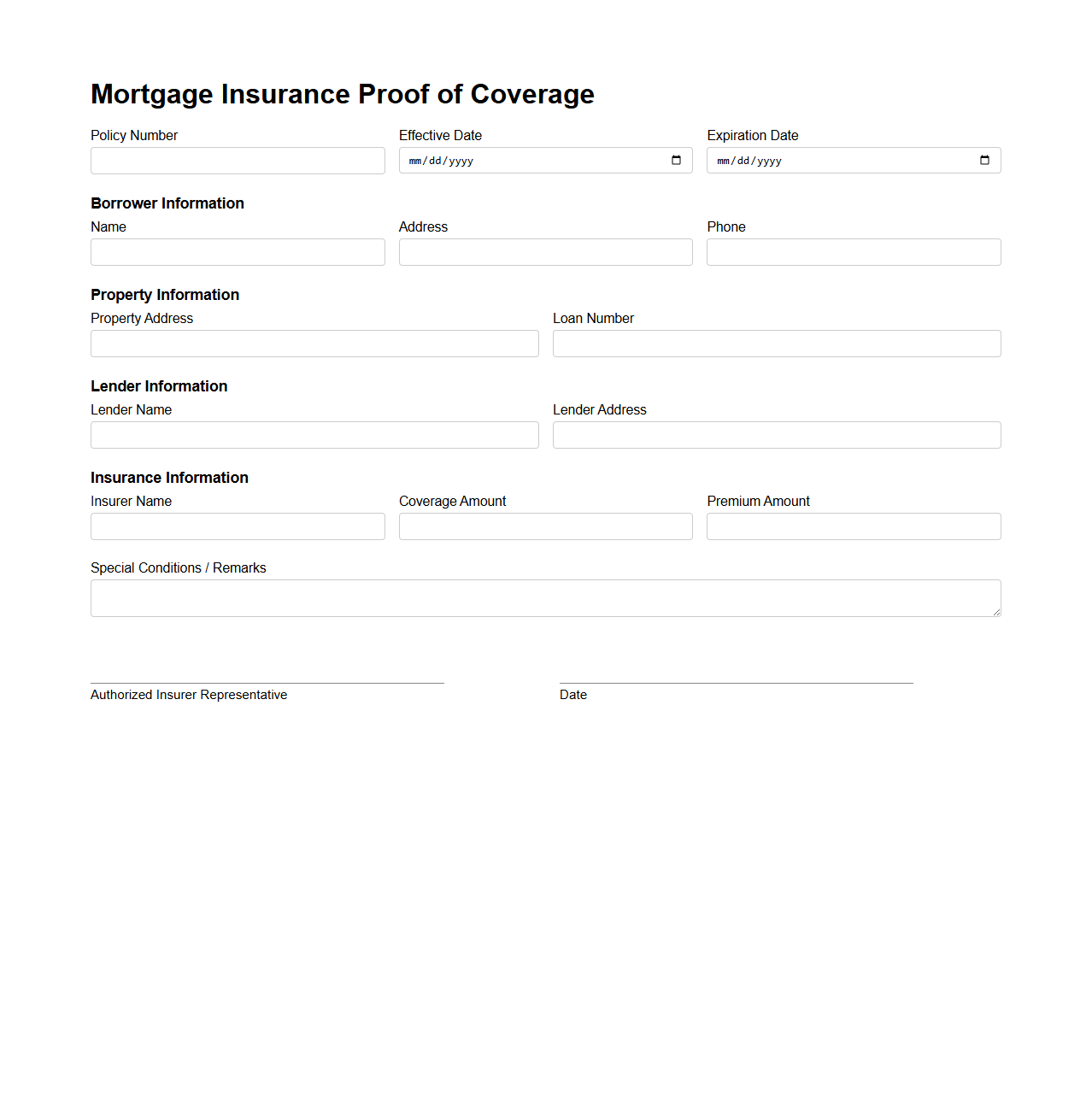 Mortgage Insurance Proof of Coverage Form