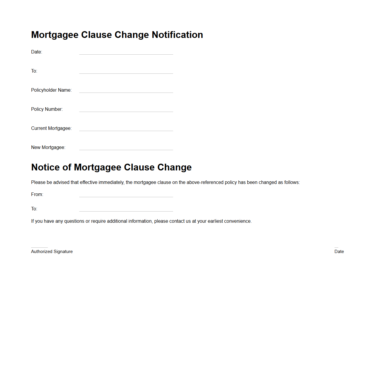 Mortgagee Clause Change Notification Sample