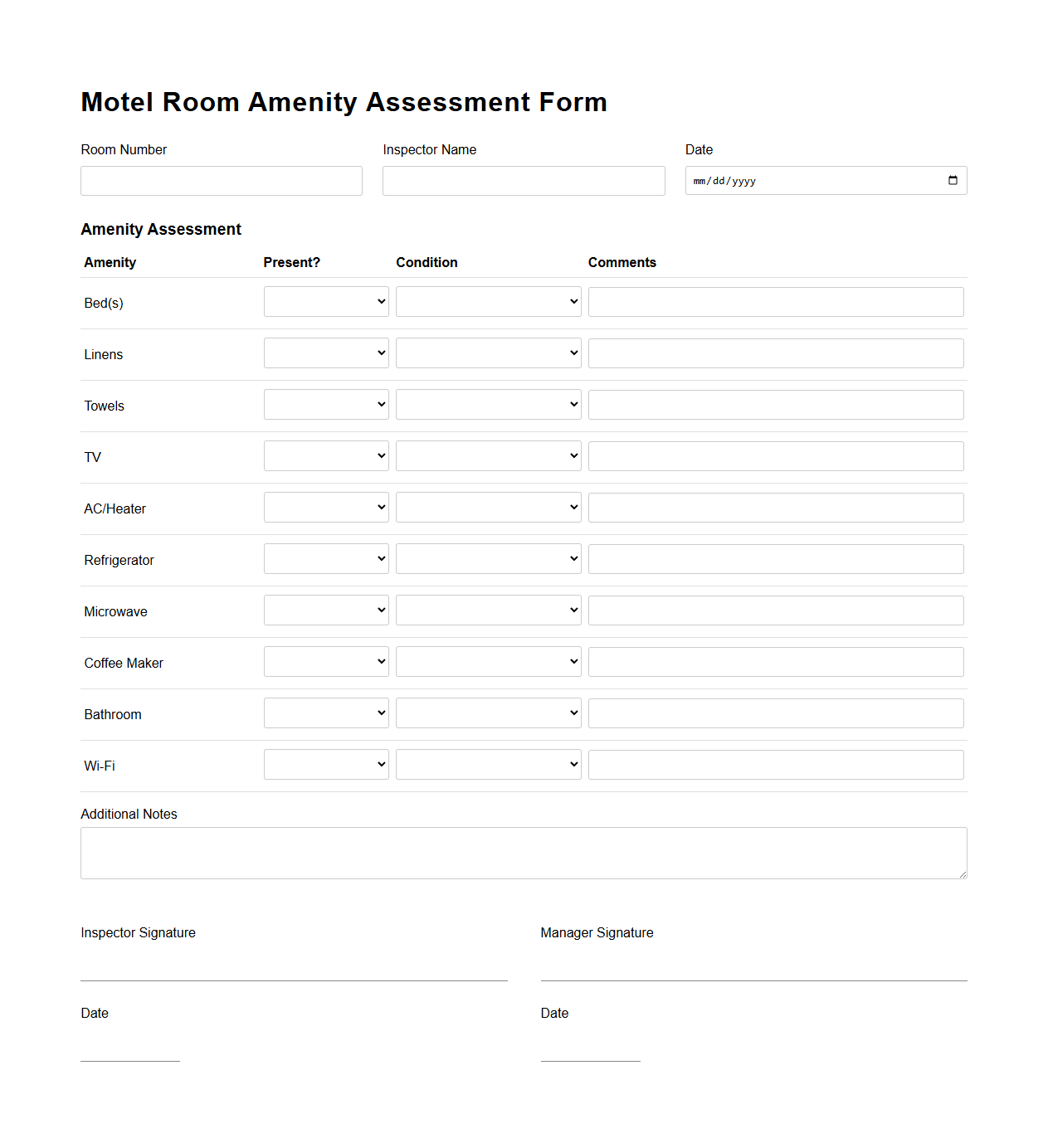 Motel Room Amenity Assessment Form
