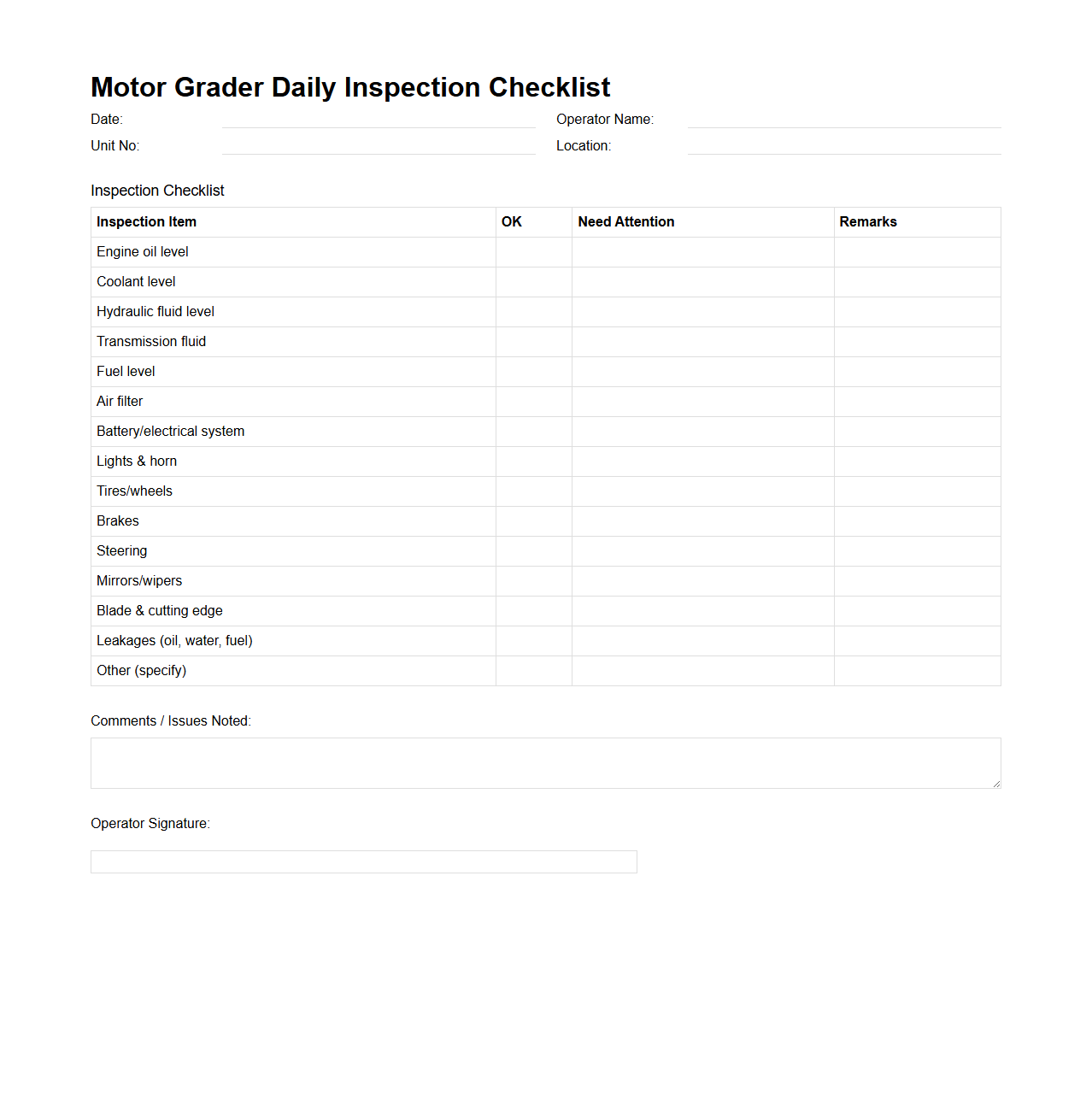 Motor Grader Daily Inspection Checklist Format