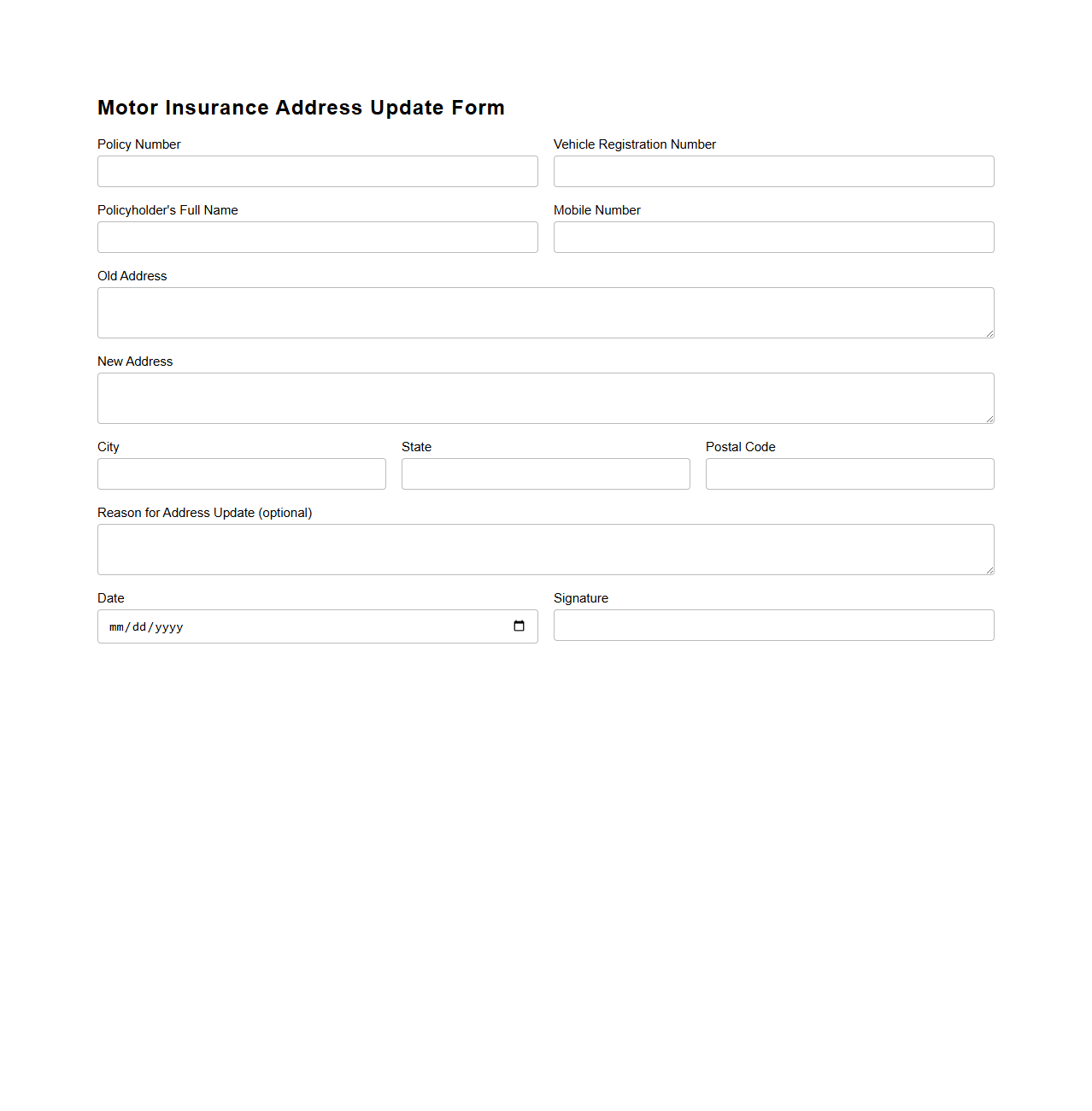Motor Insurance Address Update Form Sample