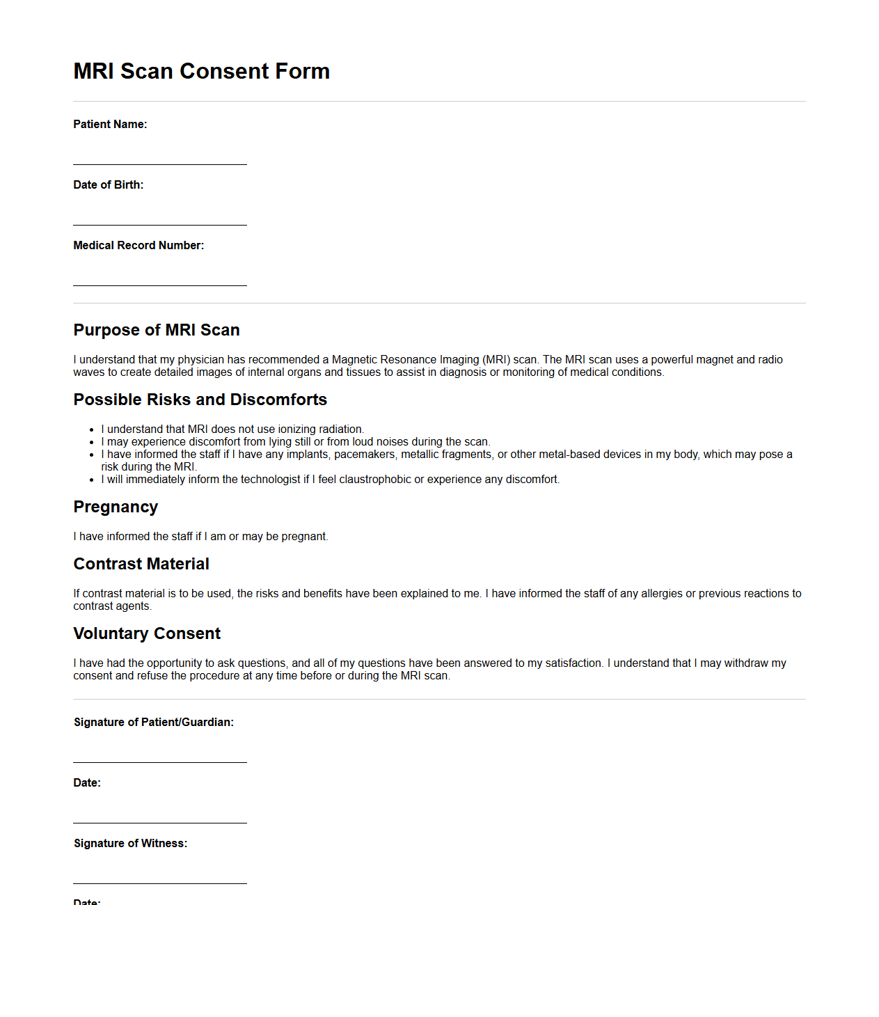 MRI Scan Consent Form Sample
