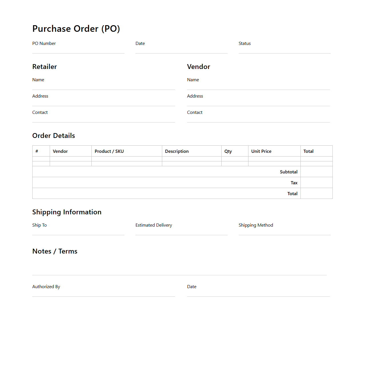 Multi-Vendor Retail Purchase Order Format