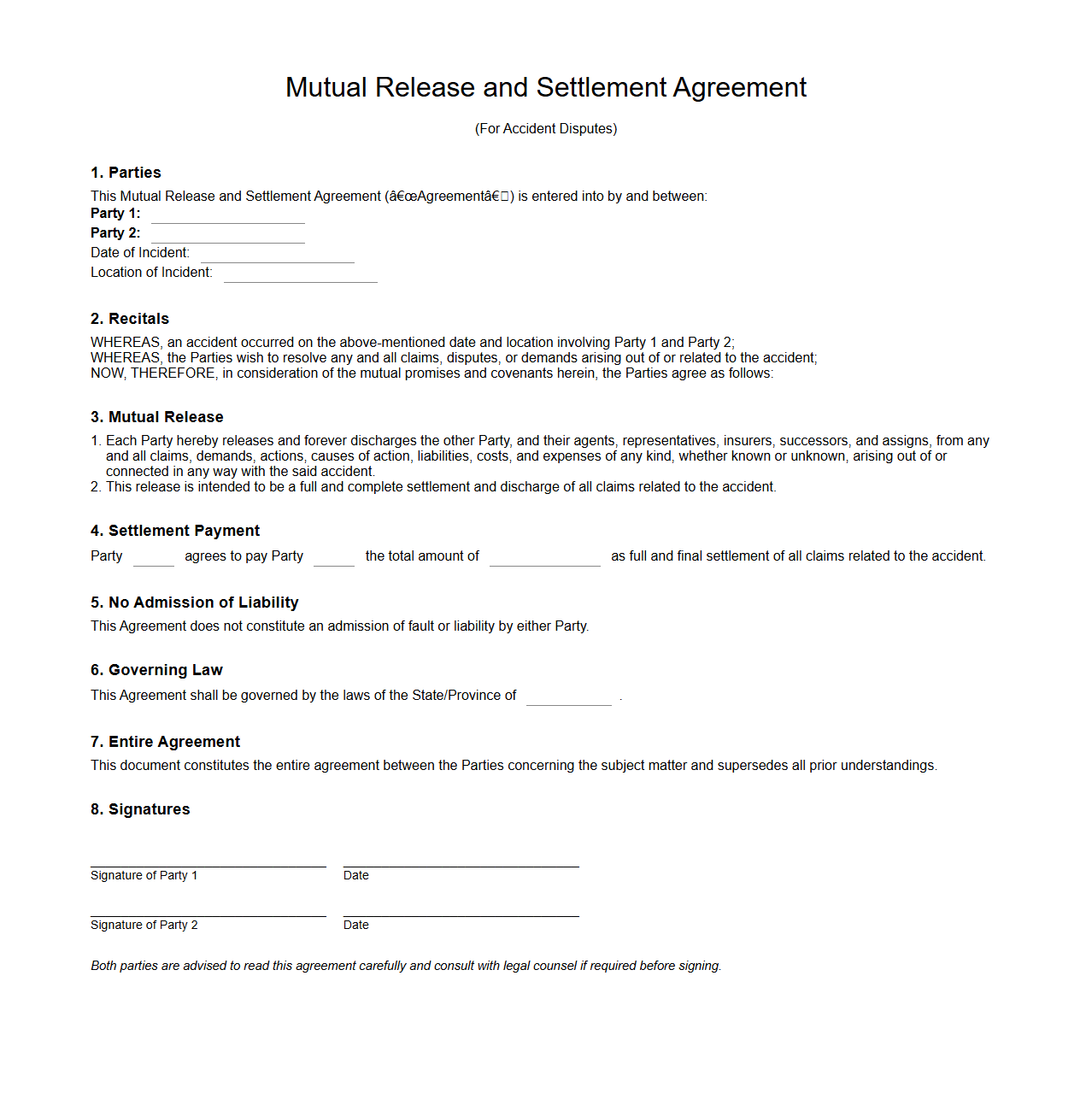 Mutual Release and Settlement Form for Accident Disputes