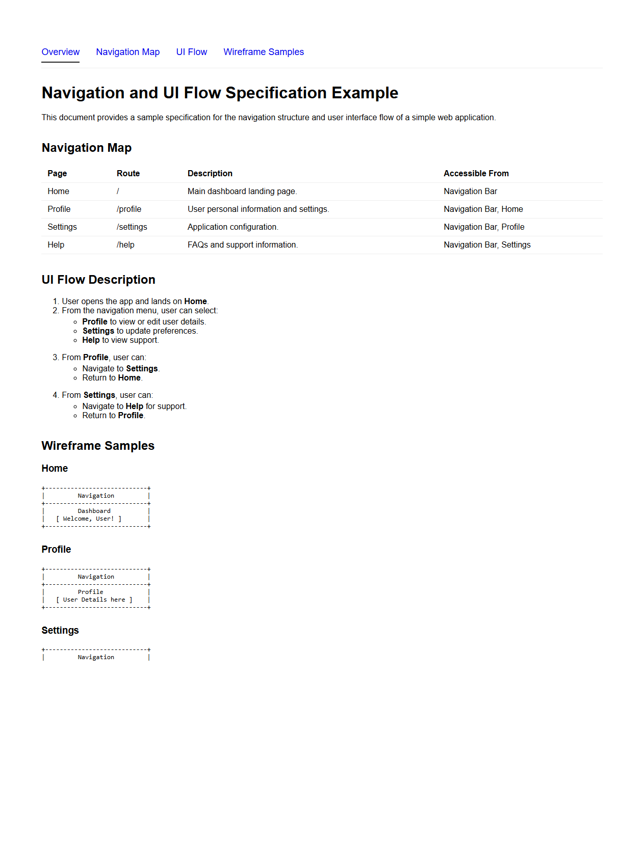 Navigation and UI Flow Specification Example