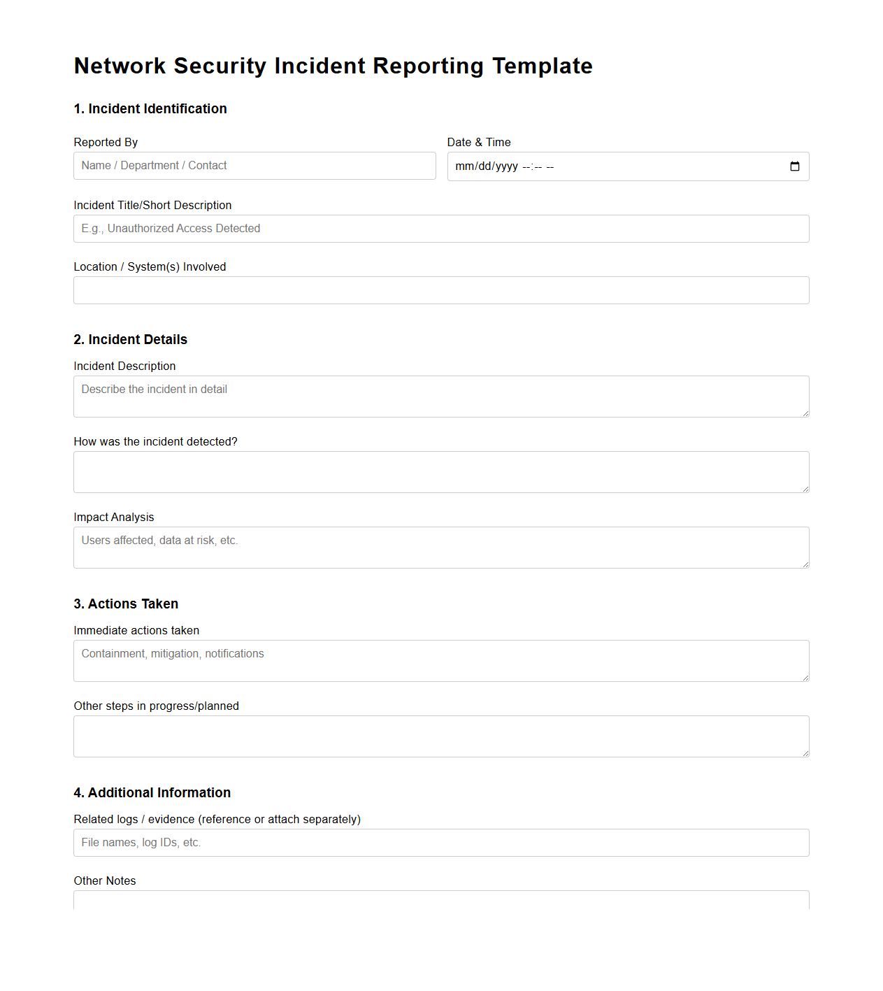 Network Security Incident Reporting Template