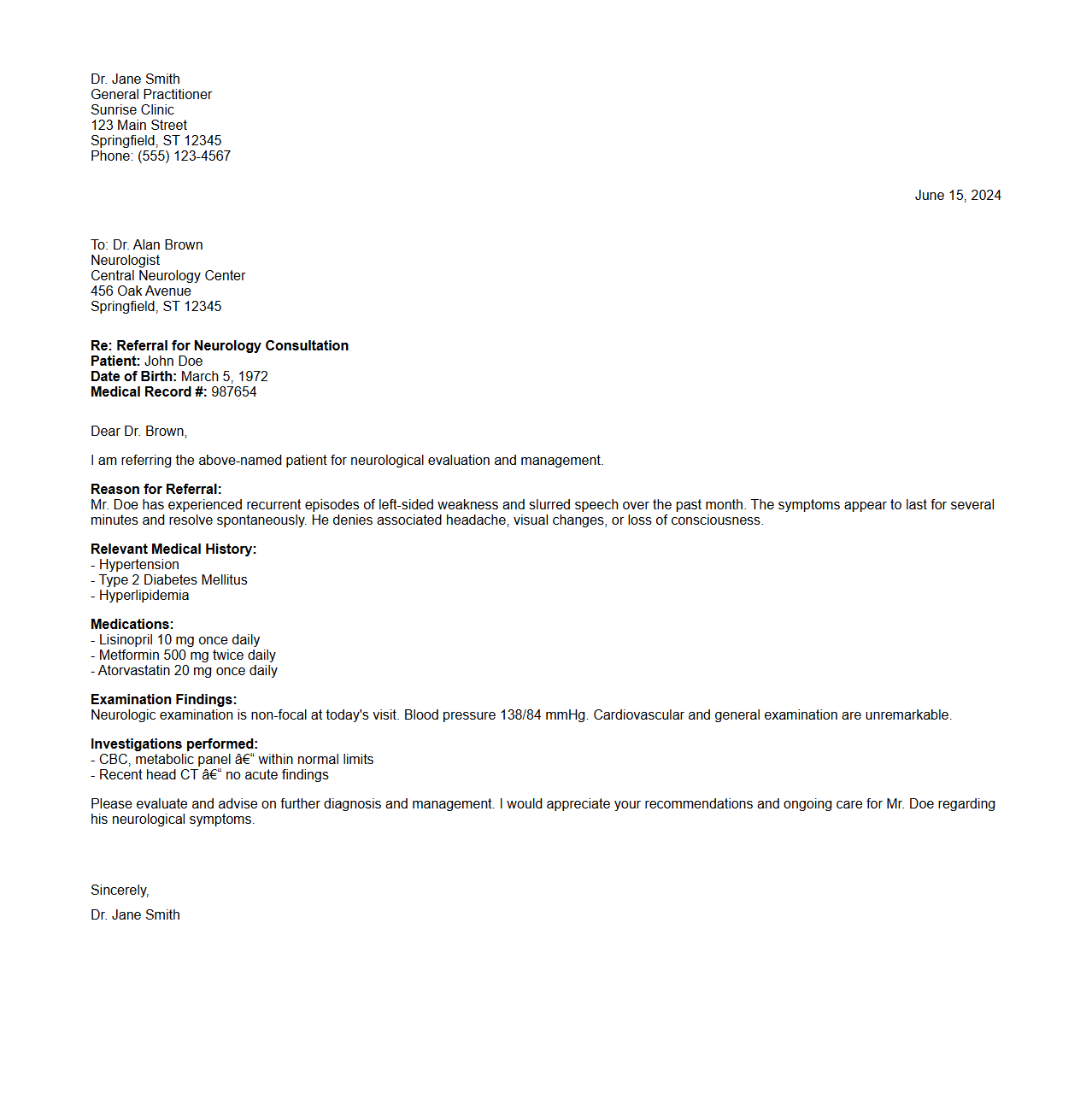 Neurology Consultation Referral Letter Example