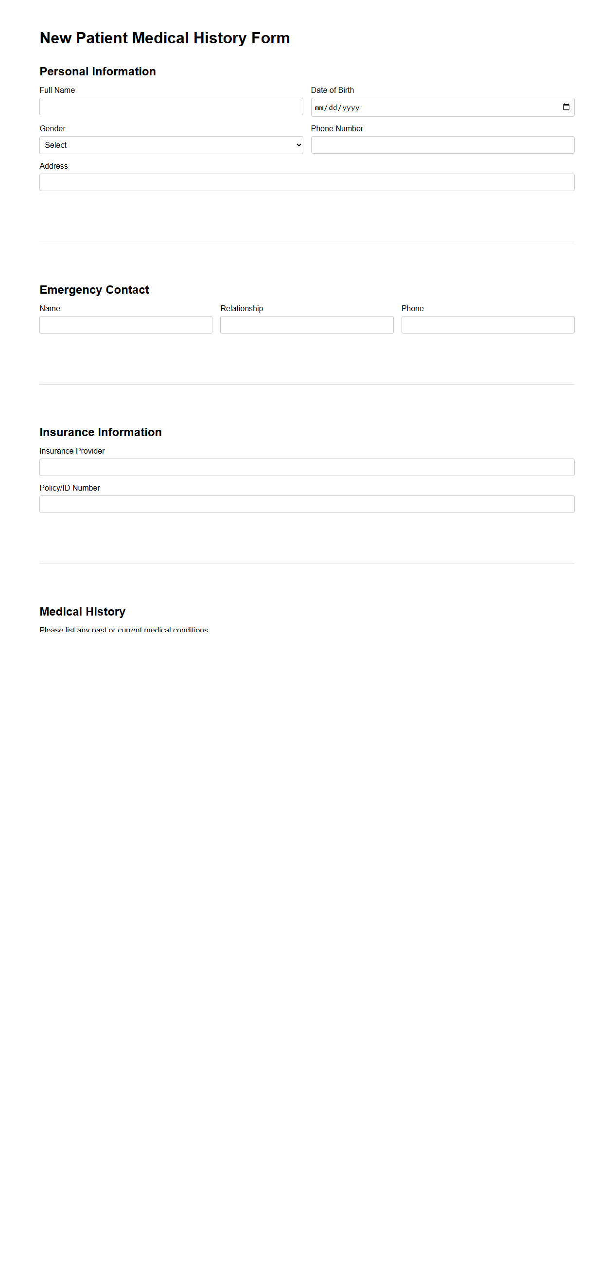 New Patient Medical History Form Example