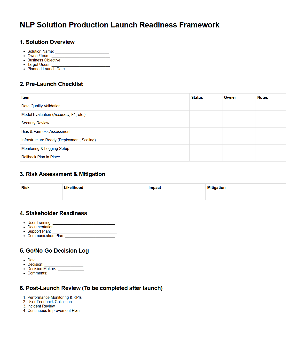 NLP Solution Production Launch Readiness Framework