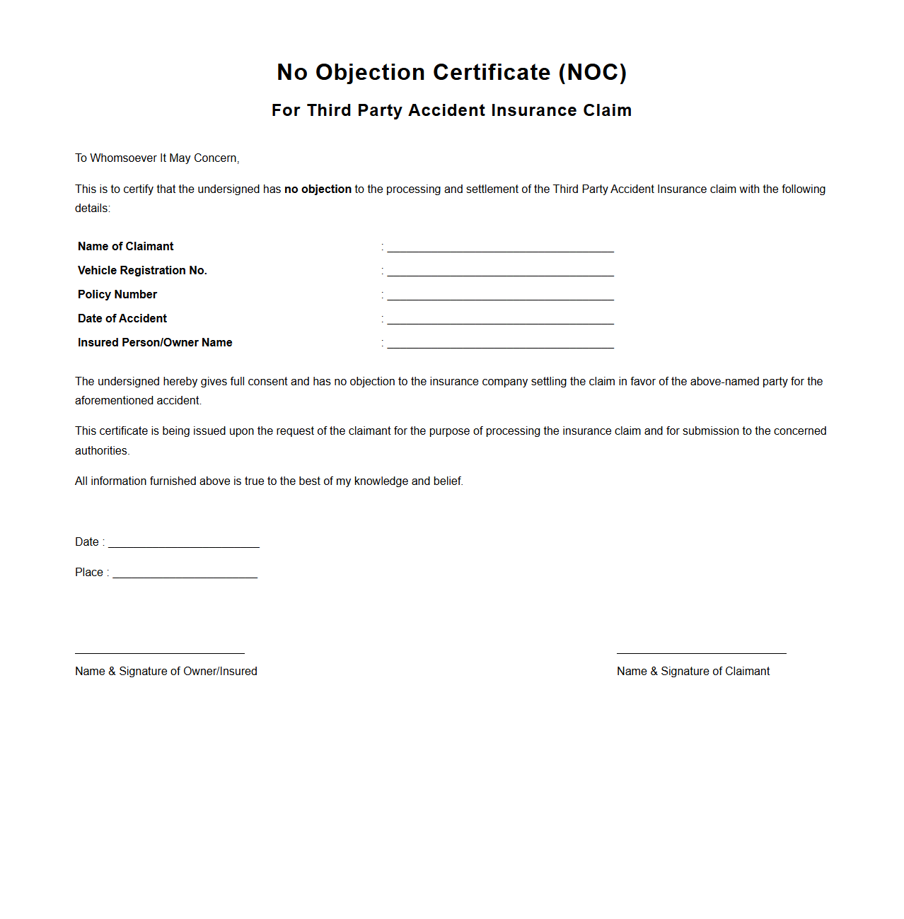 No Objection Certificate Model for Third Party Accident Insurance