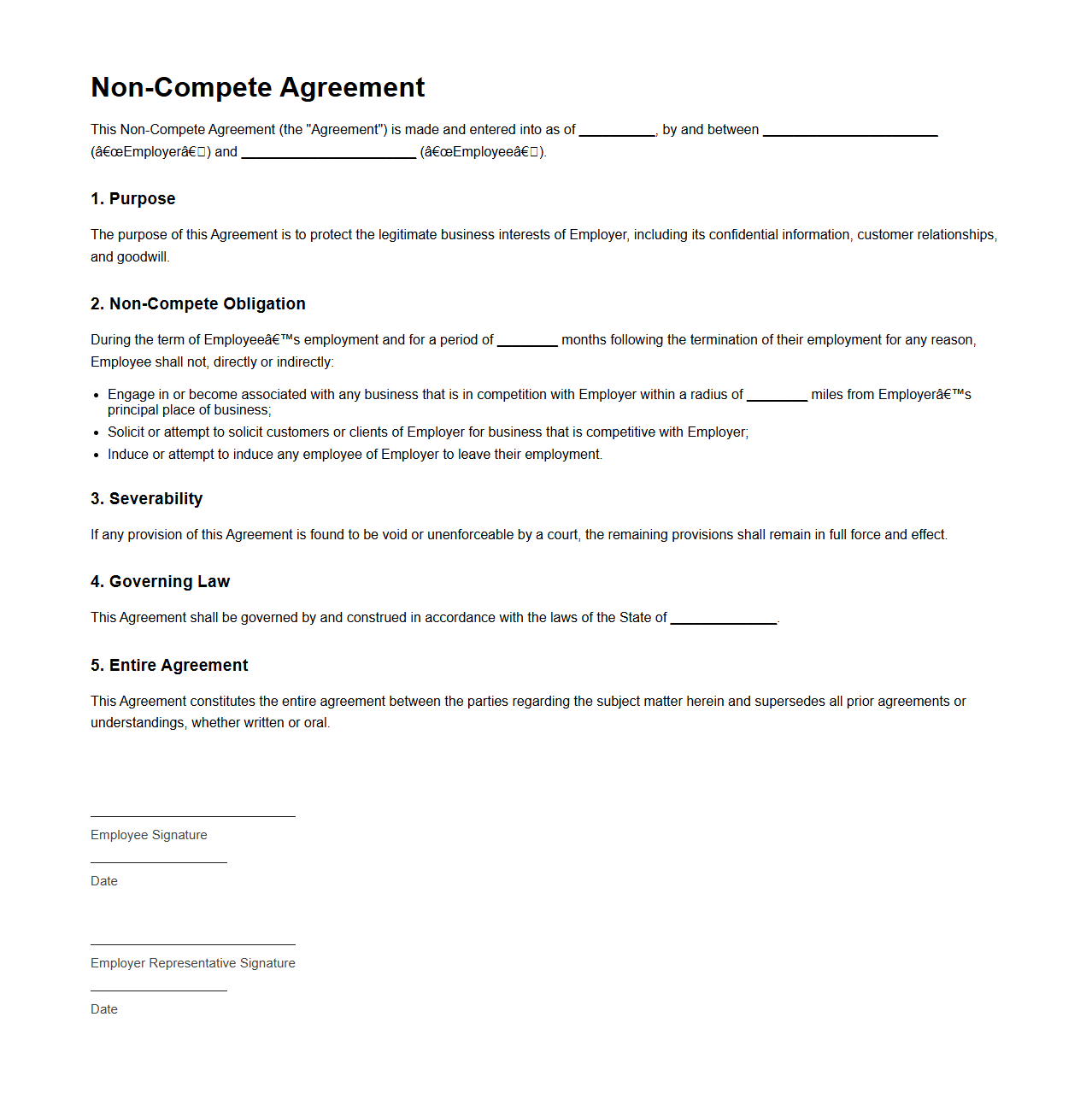 Non-Compete Agreement for New Hires