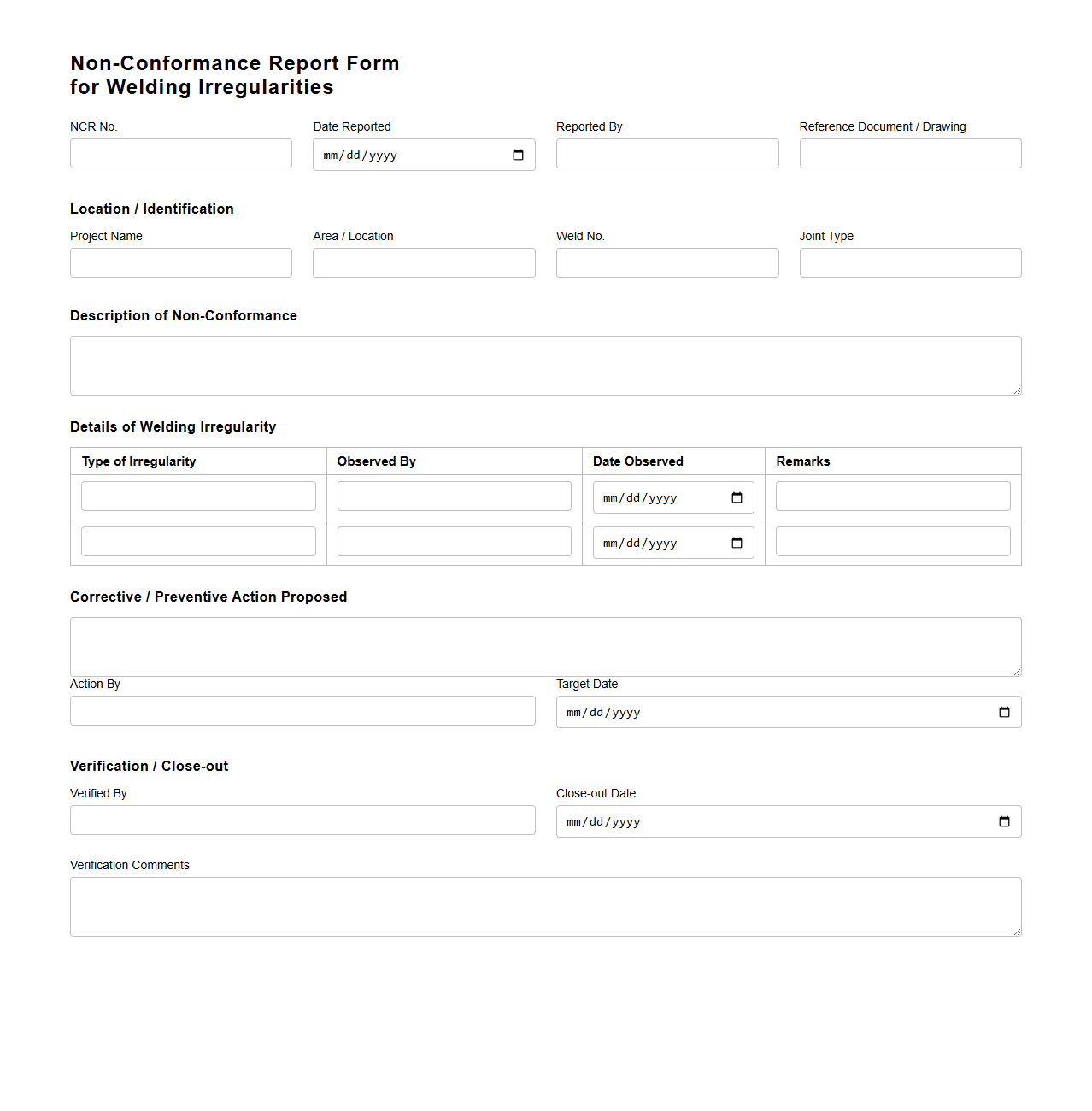 Non-Conformance Report Form for Welding Irregularities