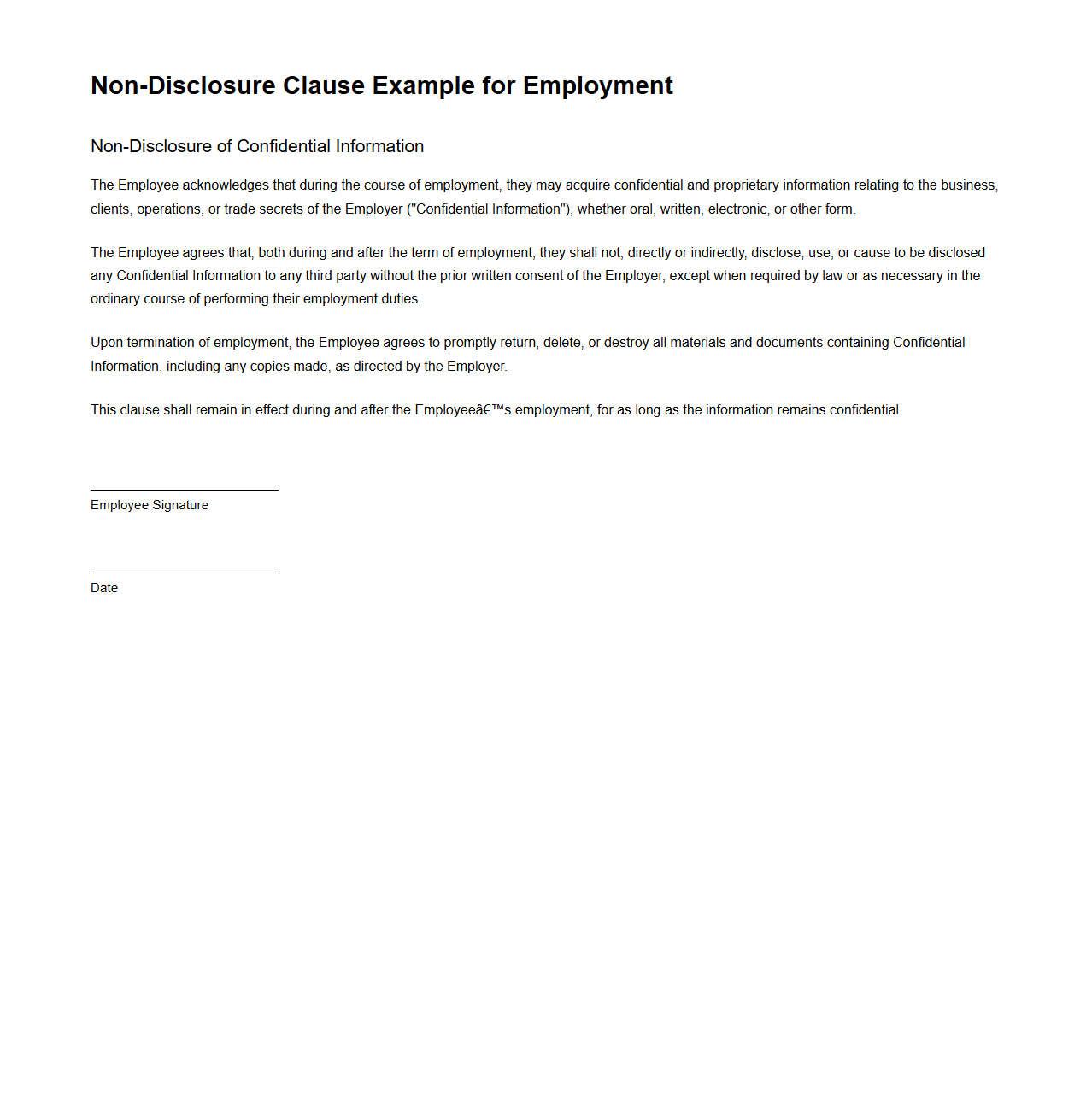 Non-Disclosure Clause Example for Employment