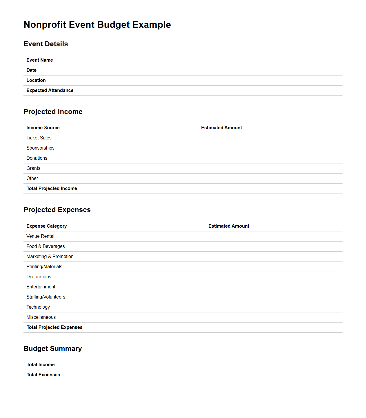 Nonprofit Event Budget Example