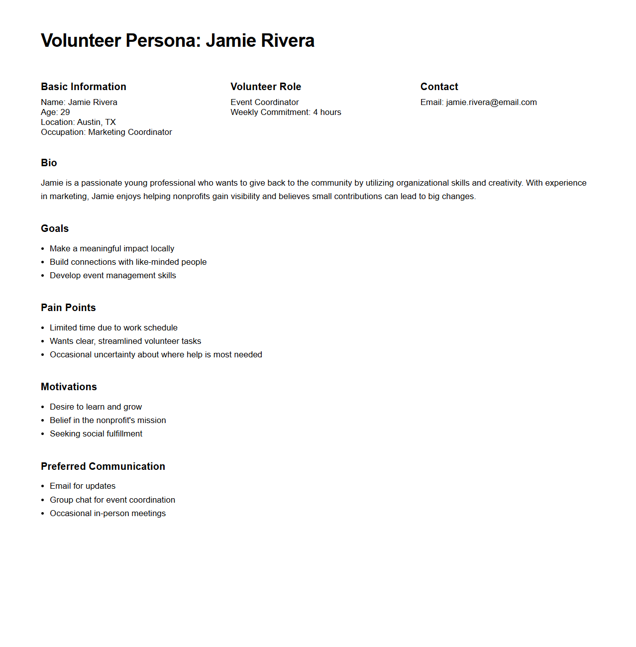 Nonprofit Organization Volunteer Persona