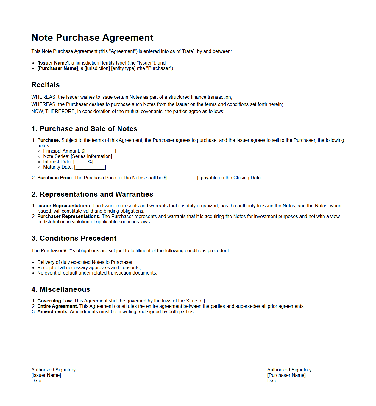 Note Purchase Agreement Example for Structured Finance